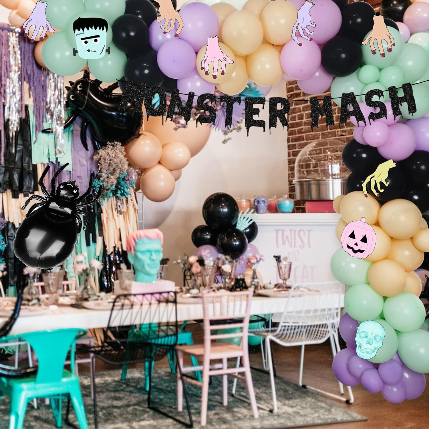 Kit de arco de guirnalda de globos de monstruo de Halloween, globos negros, morados, verdes con globos de papel de aluminio, pancarta de monstruo