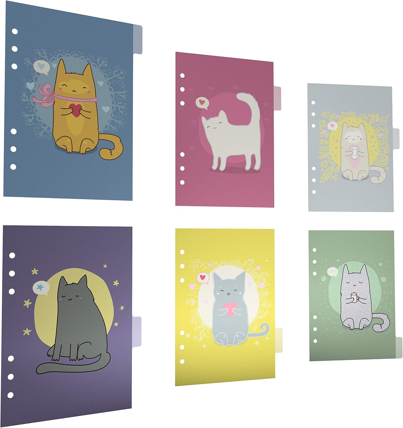 Discagenda 6 separadores de secciones de plástico, duradero, lindo gatito gato para planificador, organizador personal (A5tamaño junior (5.8 x 8.3