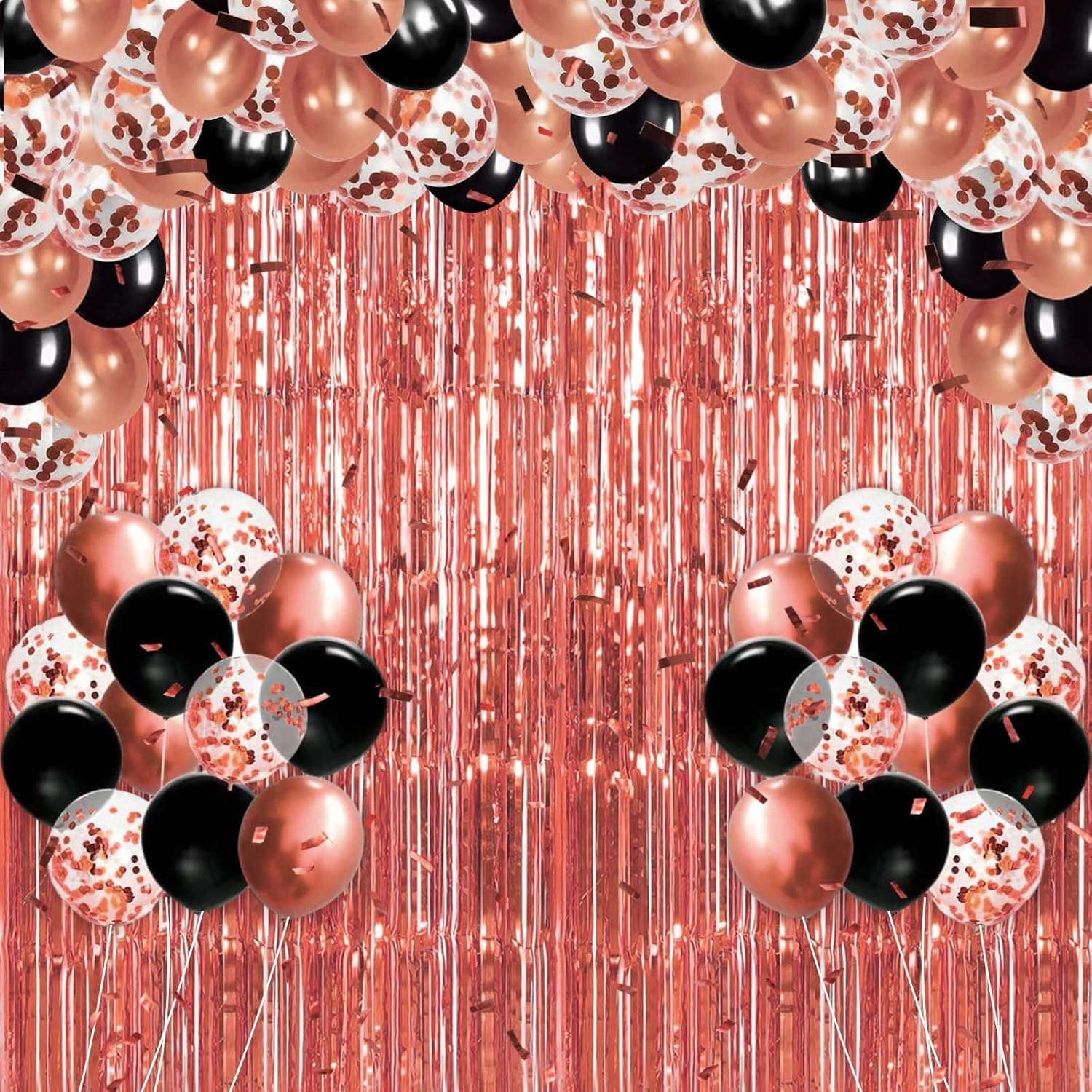 Avezano Kit de arco de globos de oro rosa negro y cortina de flecos metálicos de oropel para decoración de despedida de soltera, cumpleaños,