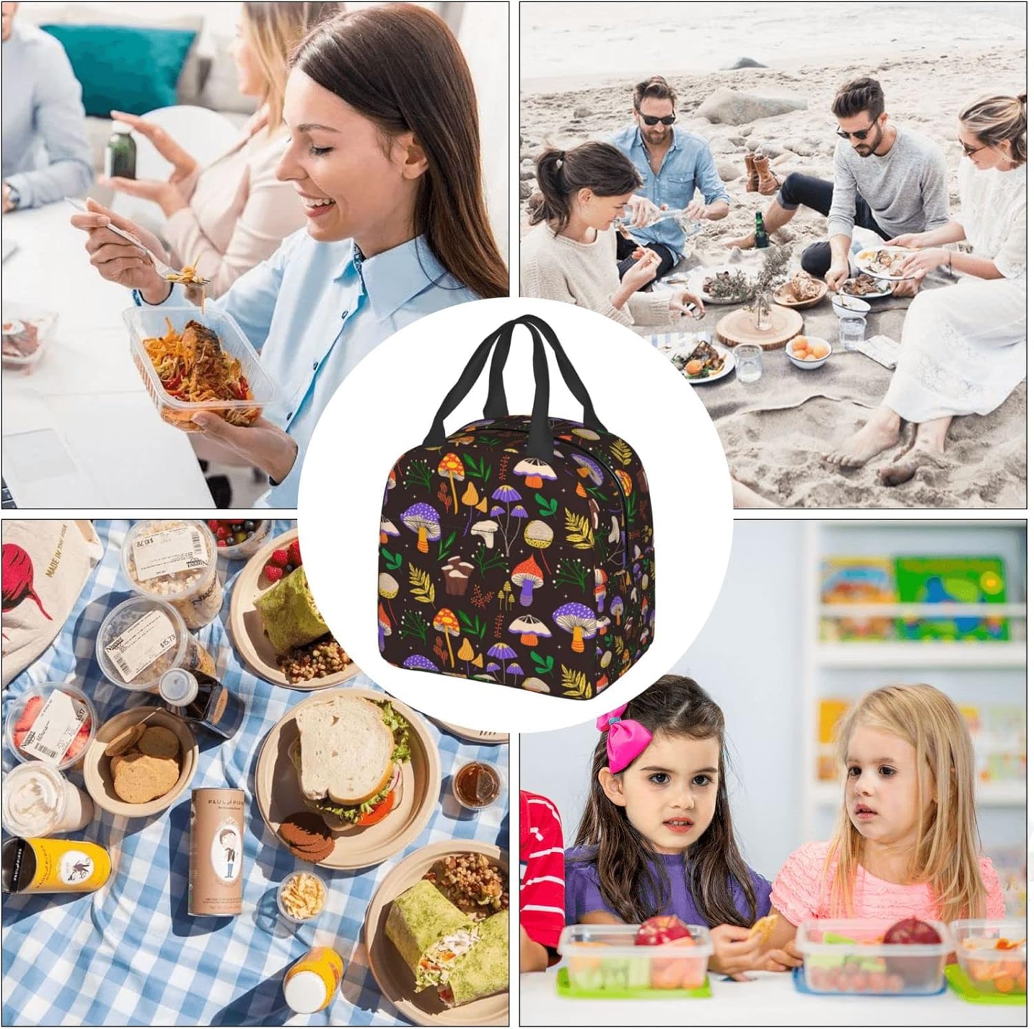 Lonchera con diseño de hongos de color, pequeña, aislada, con bolsillo frontal, estética, lonchera, congelable, para mujeres y hombres