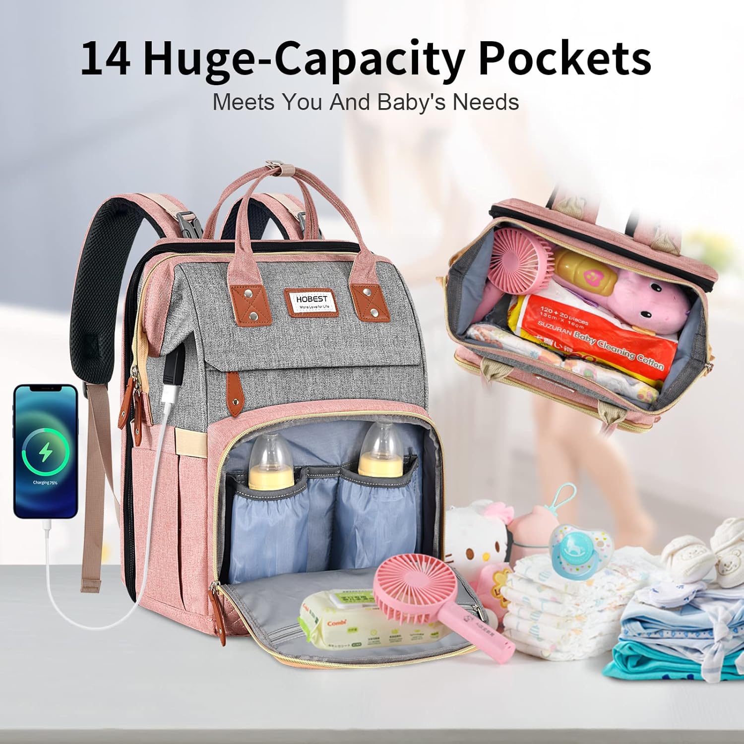 Mochila para pañales, bolsa de pañales de viaje grande multifunción con cambiador y puerto de carga USB para mamás papás, bolsa de bebé unisex