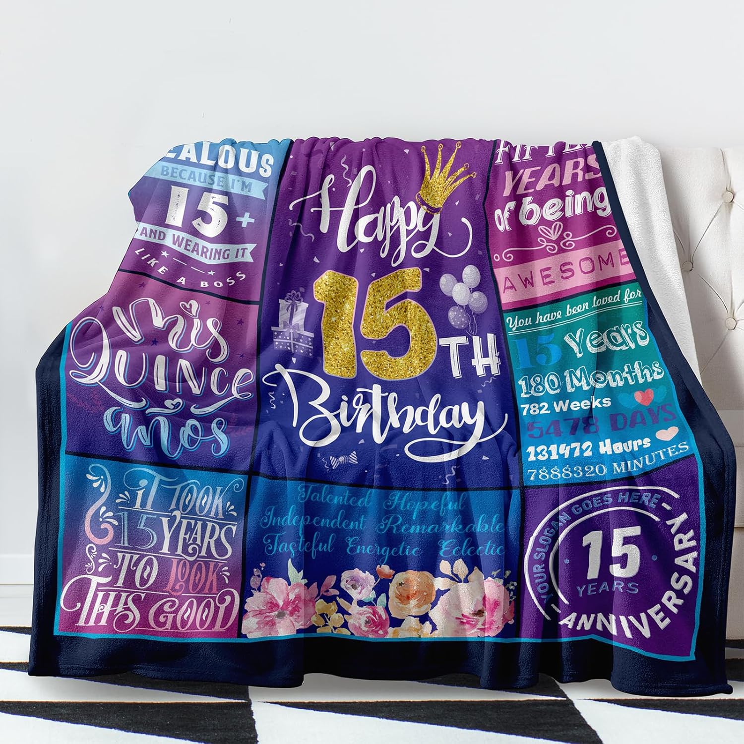 YAYAGo Manta de regalo de quinceañera, regalos de cumpleaños número 15 para niñas de 15 años, manta de regalo de 15.58 ozm, decoración de cumpleaños