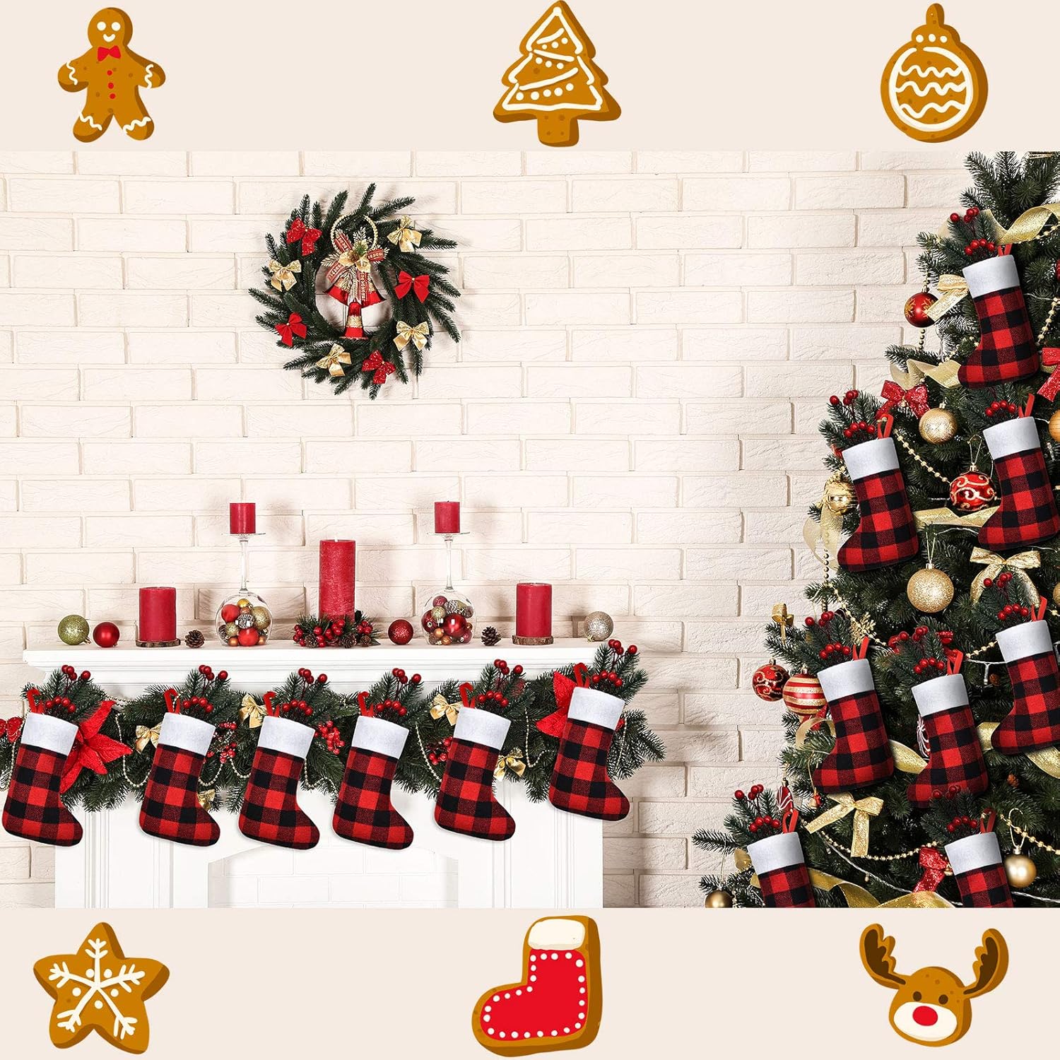 Skylety 24 medias de Navidad en puño de felpa a granel, calcetines pequeños de Navidad a cuadros, calcetines rústicos para chimenea, medias