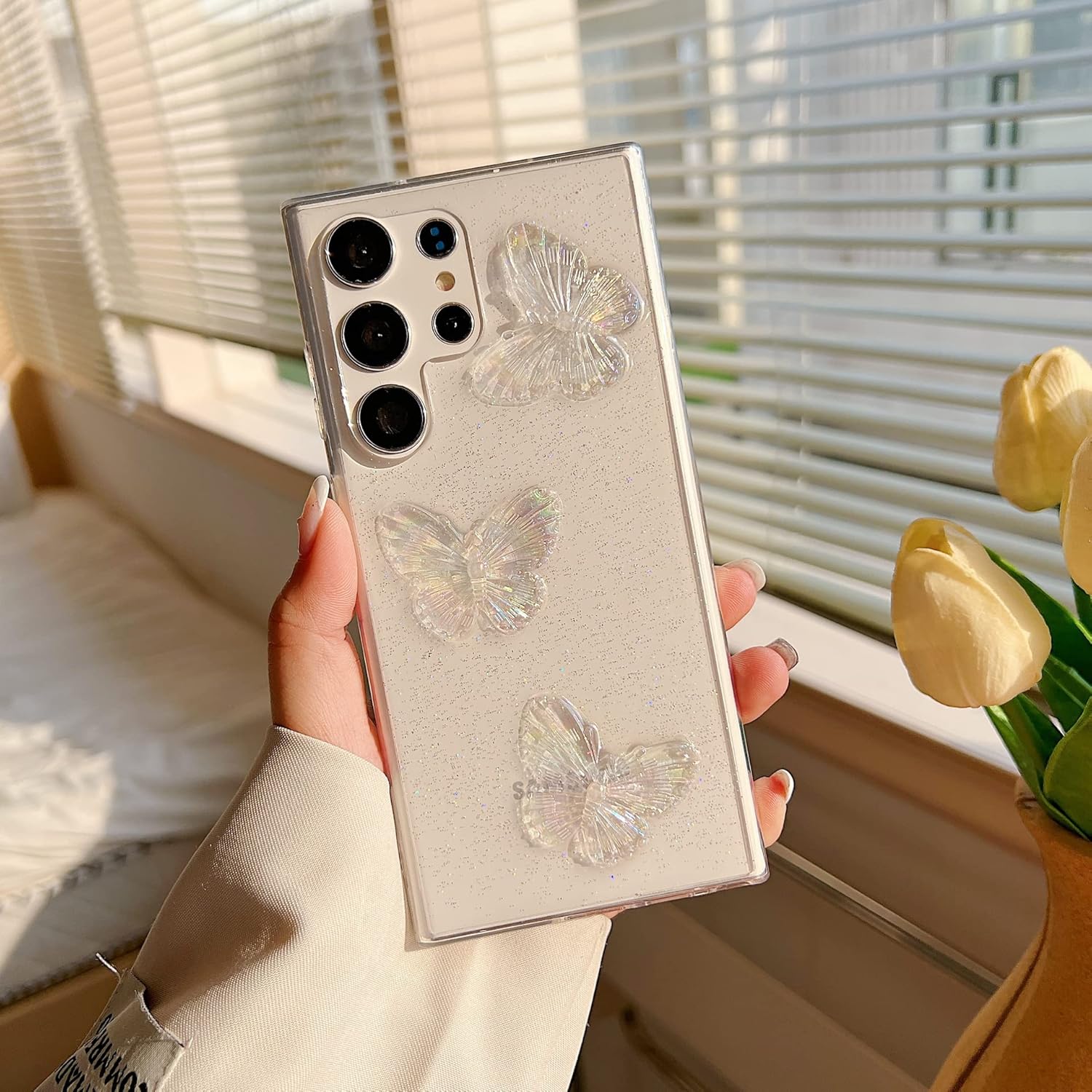LXXZBC Funda delgada y transparente para Samsung Galaxy S20 Ultra, diseño de mariposa 3D para mujeres y niñas, a la moda, brillante, suave,