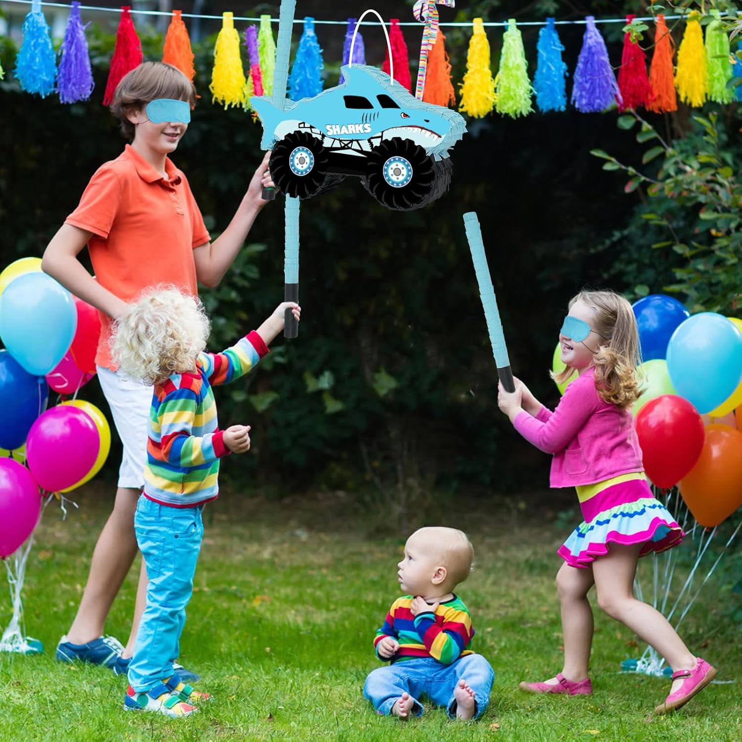 Piñata de camión de tiburón, piñata de camión monstruo con venda y murciélago para niños, decoración de juegos de fiesta de cumpleaños temática de