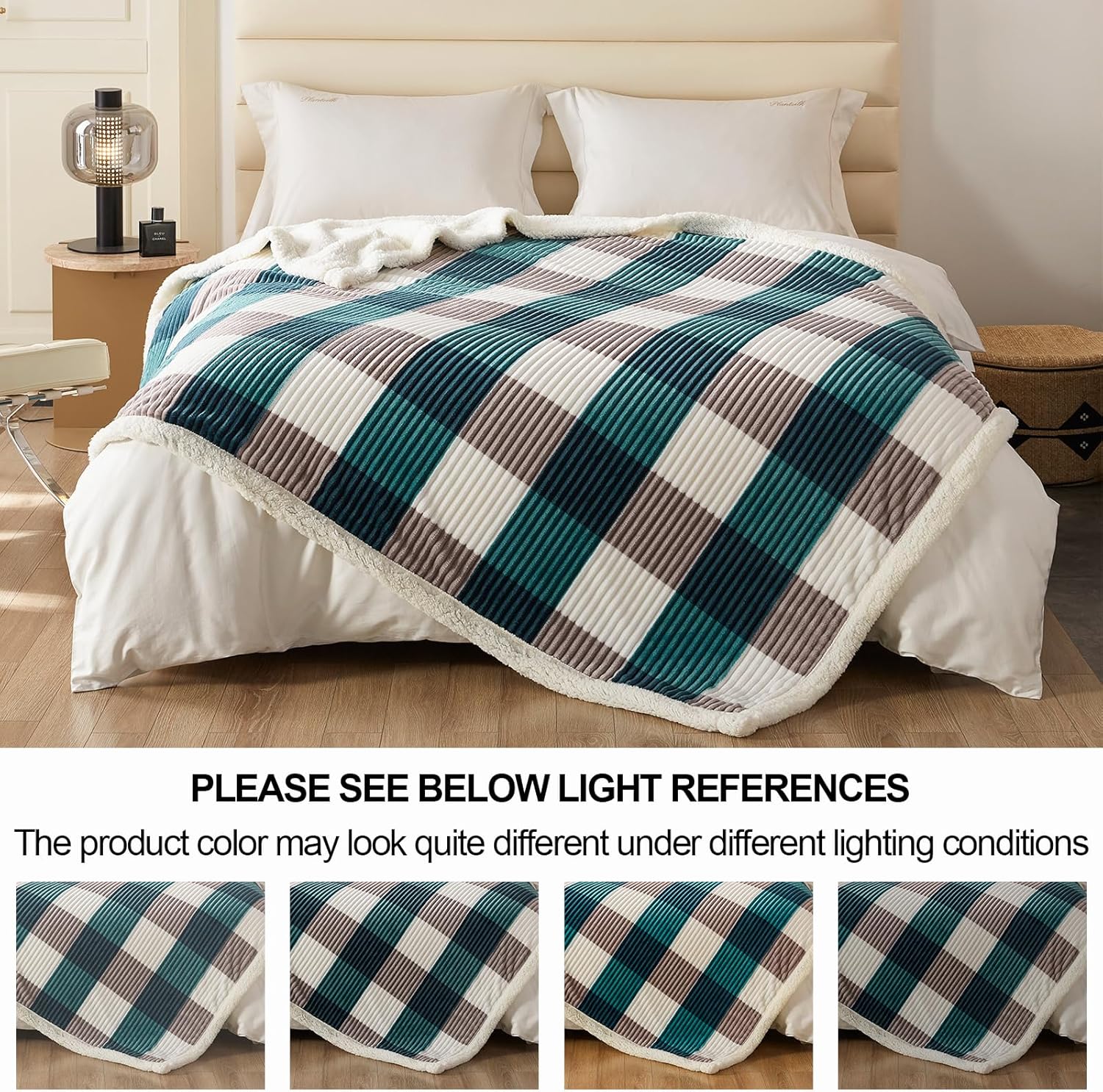 Manta de forro polar Sherpa para sofá, suave y acogedora, manta cálida de gran tamaño a cuadros de 60 x 80 pulgadas, manta de forro polar reversible