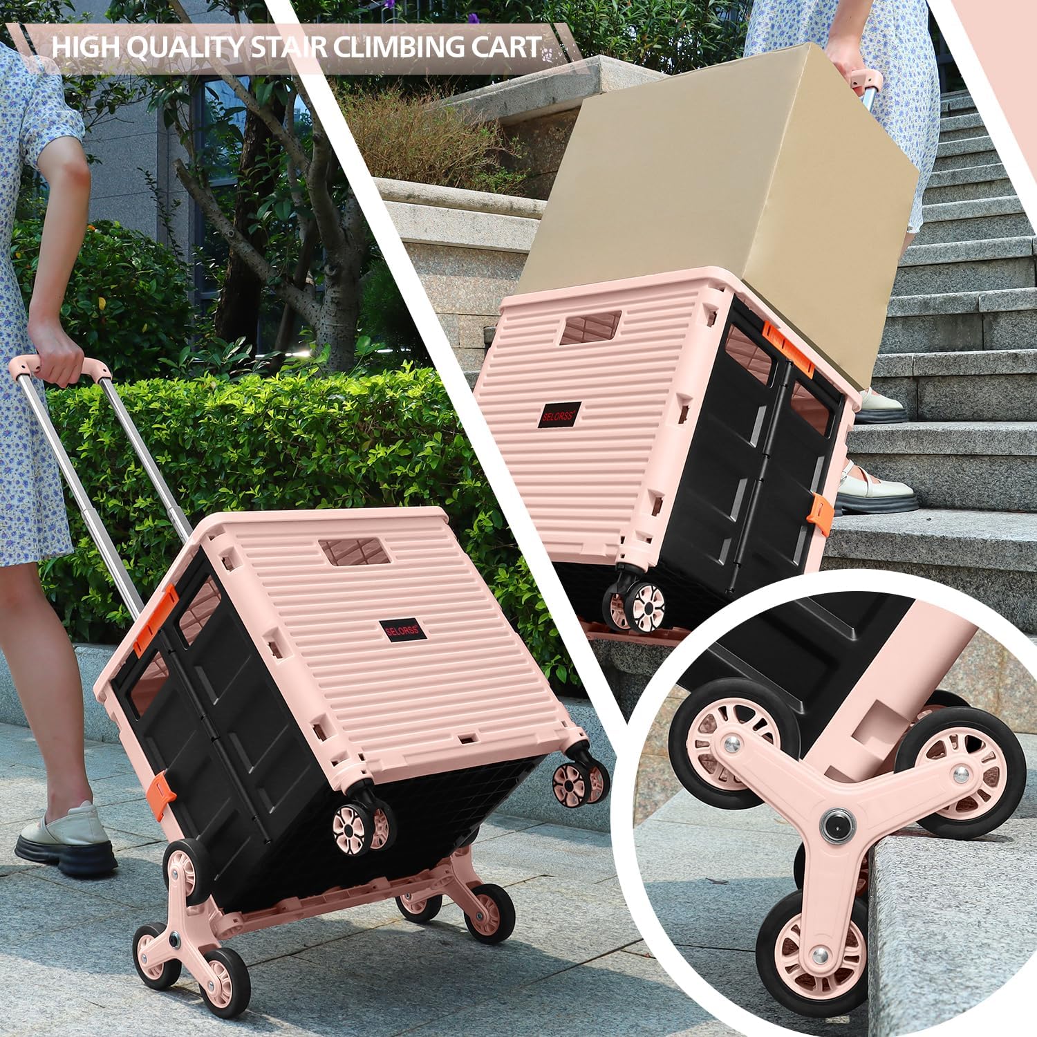 SELORSS Carrito plegable de utilidad, carrito plegable con ruedas para subir escaleras, cesta para profesores con tapa, resistente al desgaste,