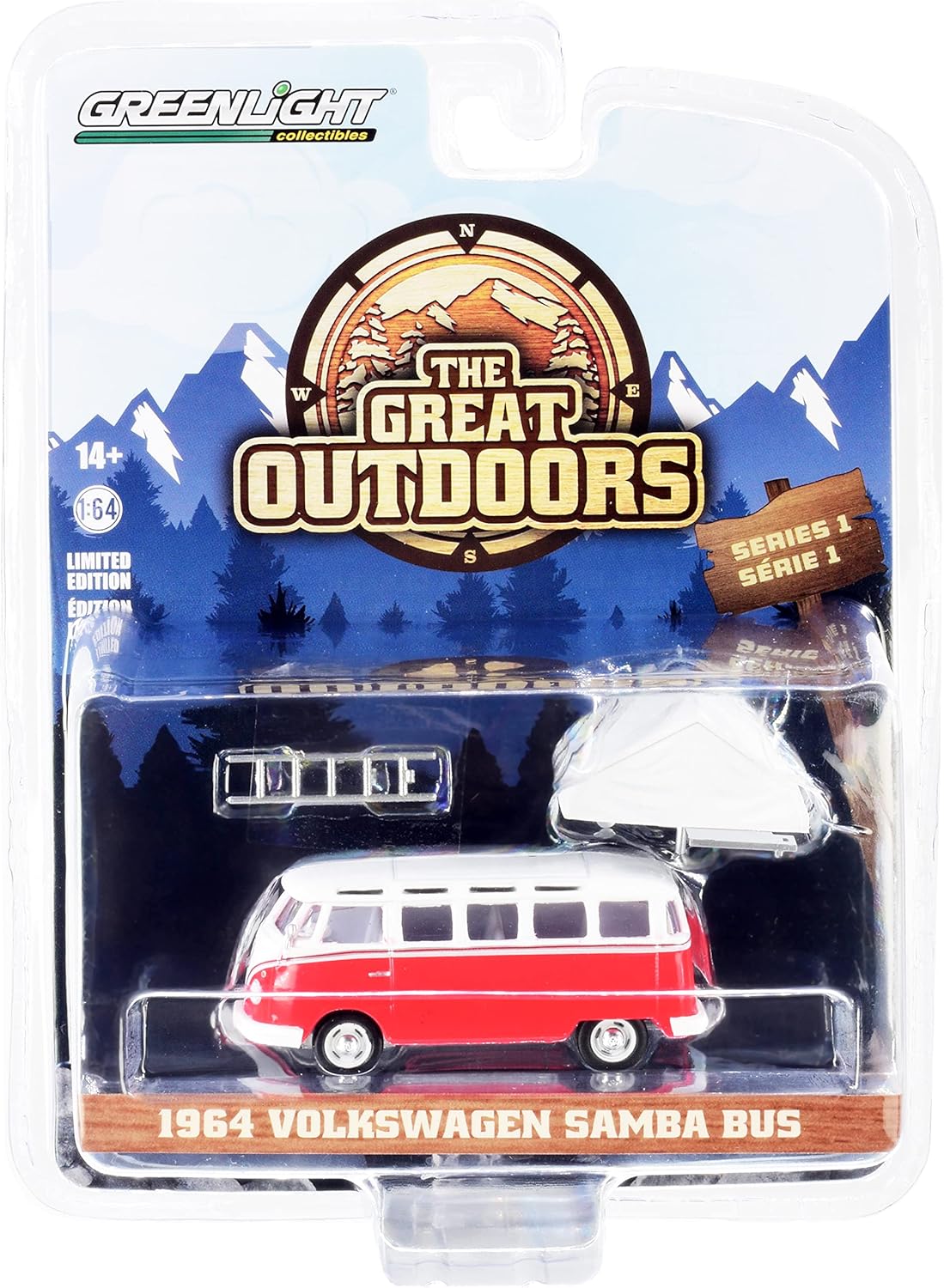Greenlight 38010 A 1964 Samba Bus – Tienda de campaña para dormir en la azotea, modelo fundido a troquel 1 164 de la serie The Great Outdoors