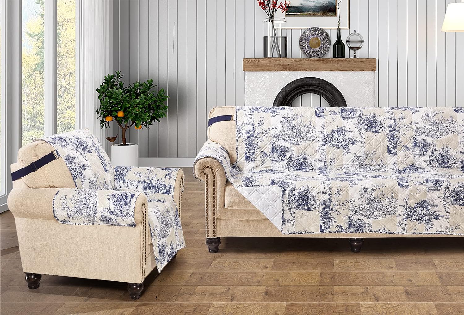 Brilliant Sunshine Blue Toile – Funda acolchada para sillón reclinable grande, 28 pulgadas de ancho de asiento, protector de muebles antideslizante,