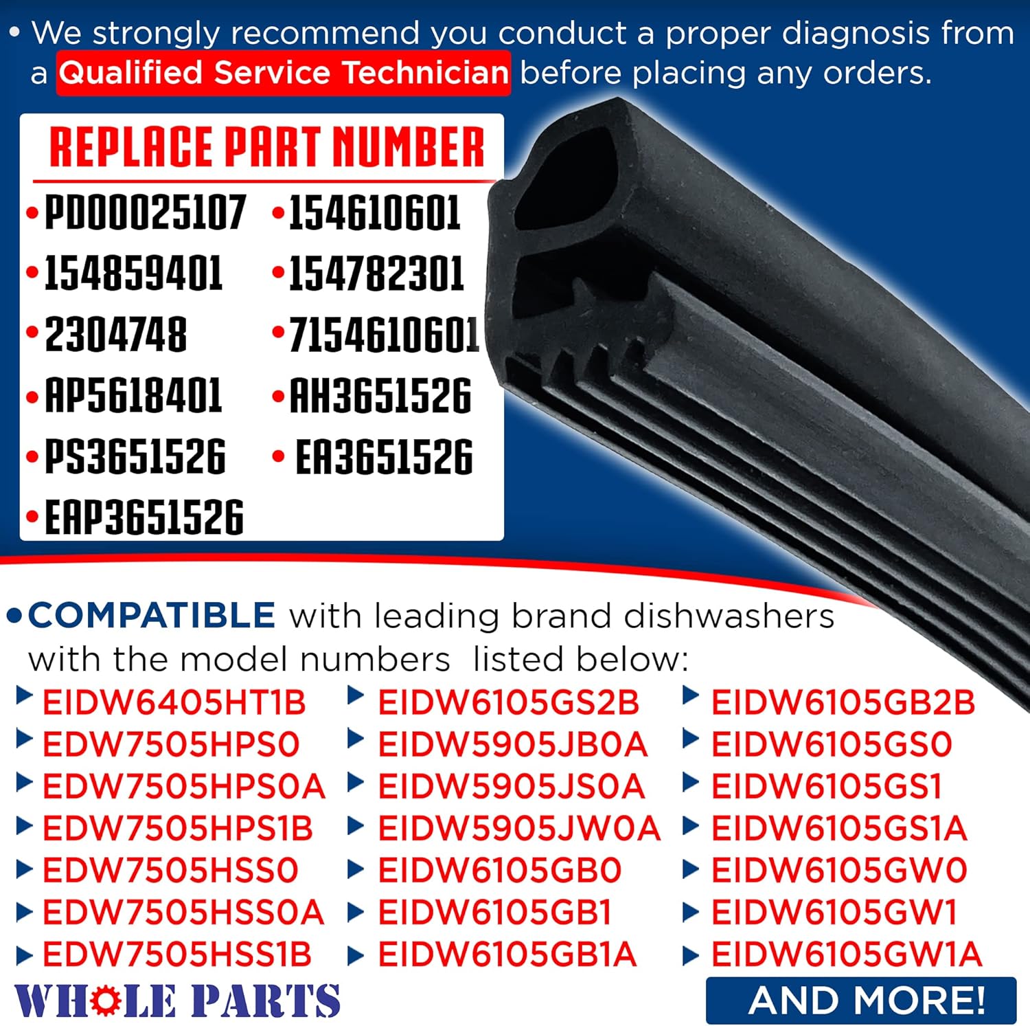 Whole Parts Junta de puerta inferior para lavavajillas (negro) Parte # 154859401 – Reemplazo y compatible con algunos lavavajillas Frigidaire y