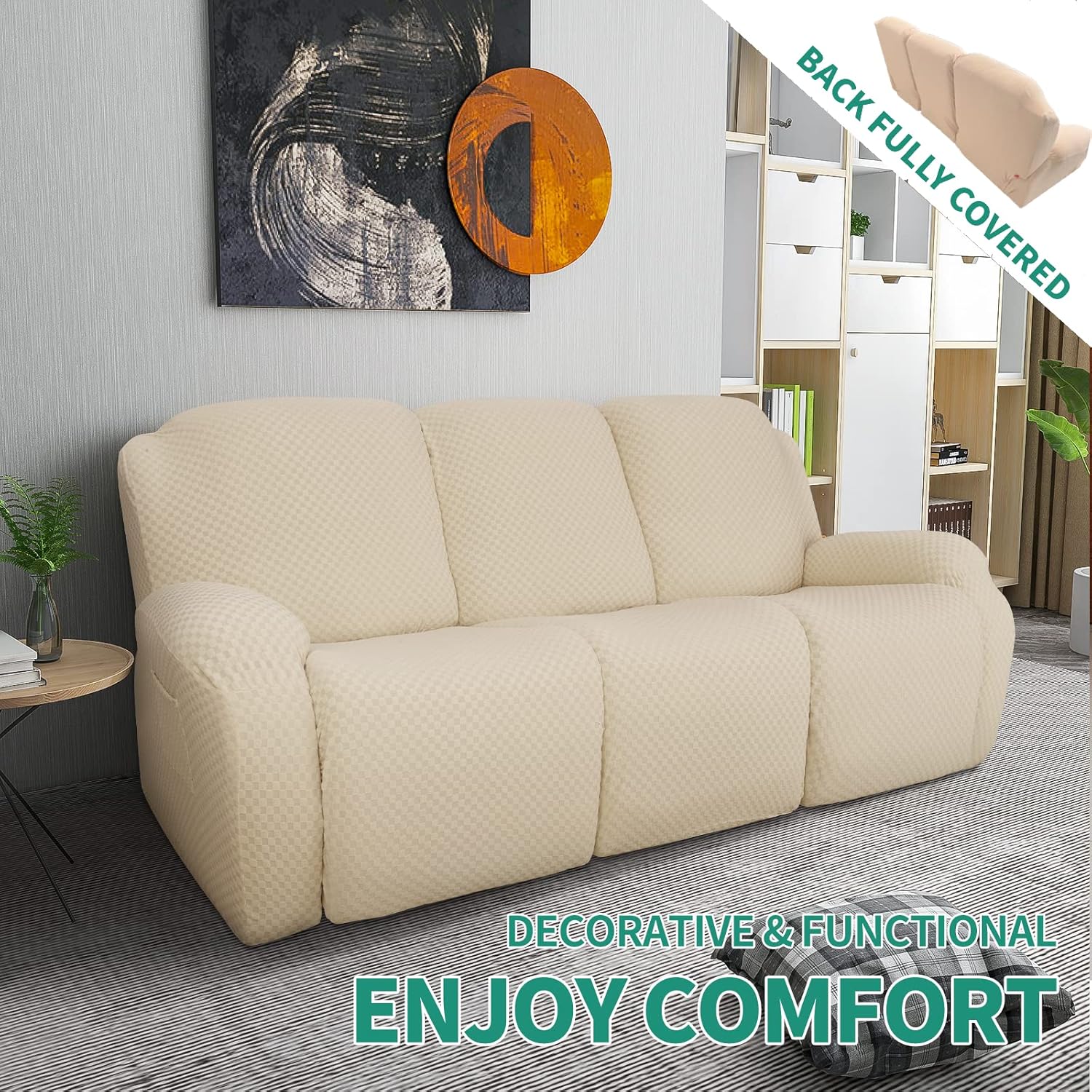 Yemyhom Funda elástica de 8 piezas para sofá reclinable de 3 plazas, tela moderna de jacquard, con bolsillo lateral, antideslizante, con parte