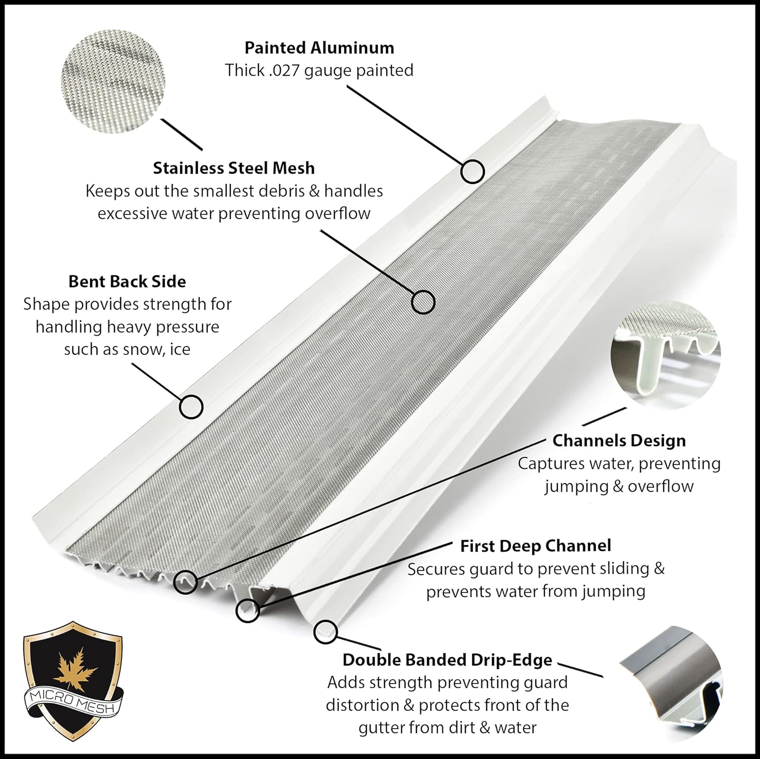 Micromesh 5 pulgadas Gutter Guards Leaf Protection, 100 pies de arcilla, malla de acero inoxidable, cubiertas de canalón de aluminio, protector de