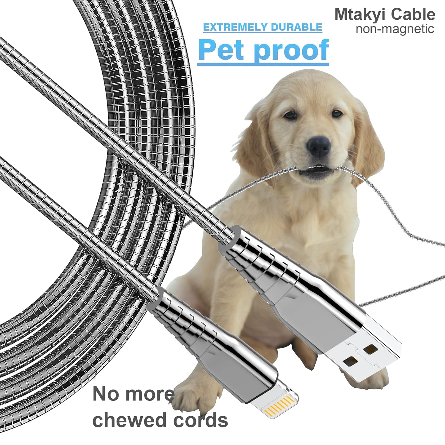 Cable de carga trenzado de metal para iPhone con certificación MFi de Apple, 6.6 pies, resistente cable Lightning de acero inoxidable 304, cable
