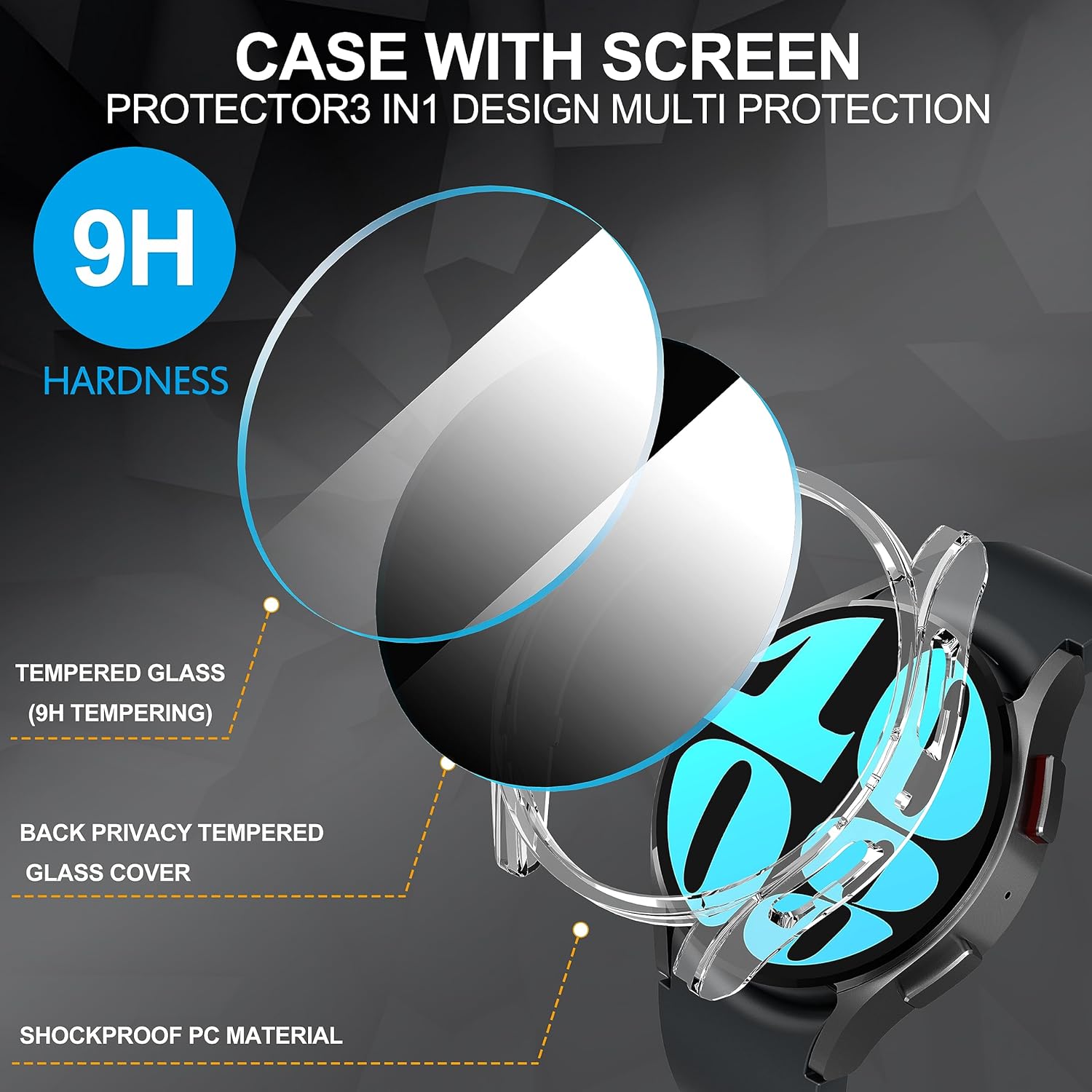 Suoman Paquete de 4 + 4 fundas para Samsung Galaxy Watch 6 de 1.732 pulgadas, protector de pantalla de privacidad + protector de pantalla HD +