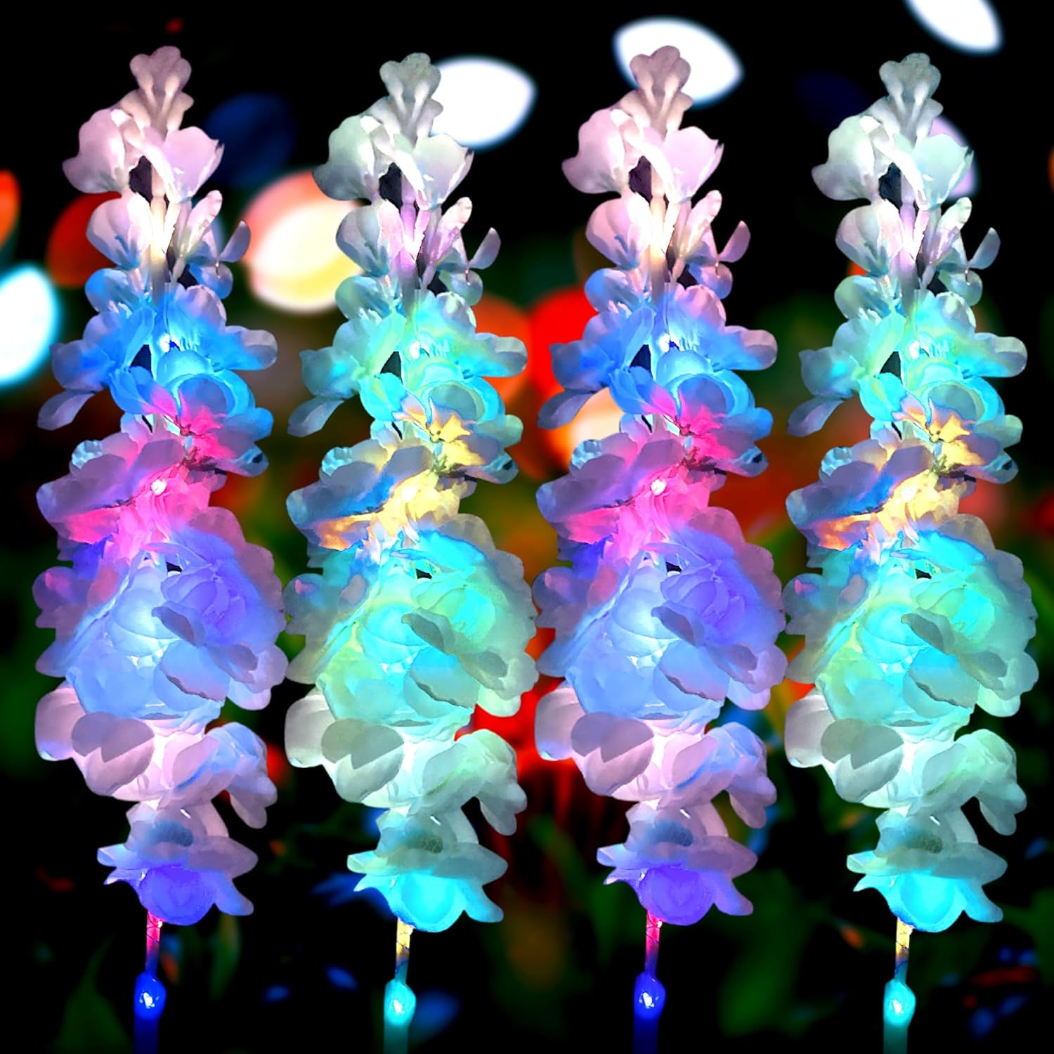 Luces solares para exteriores, IP65 impermeable Delphinium luces solares de jardín decoración de jardín, paquete de 4 luces solares de delphinium