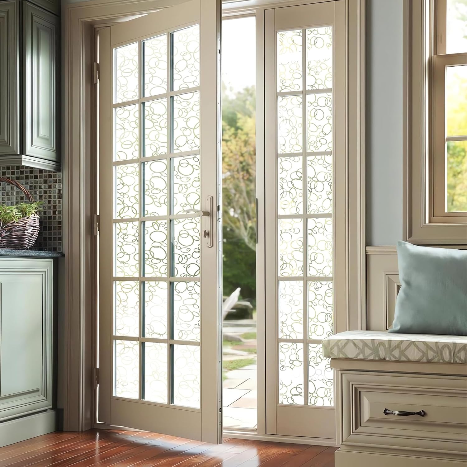 Ohmywor Película decorativa de privacidad para ventana, patrones circulares impresos con control de calor, bloqueo solar, anti UV, película