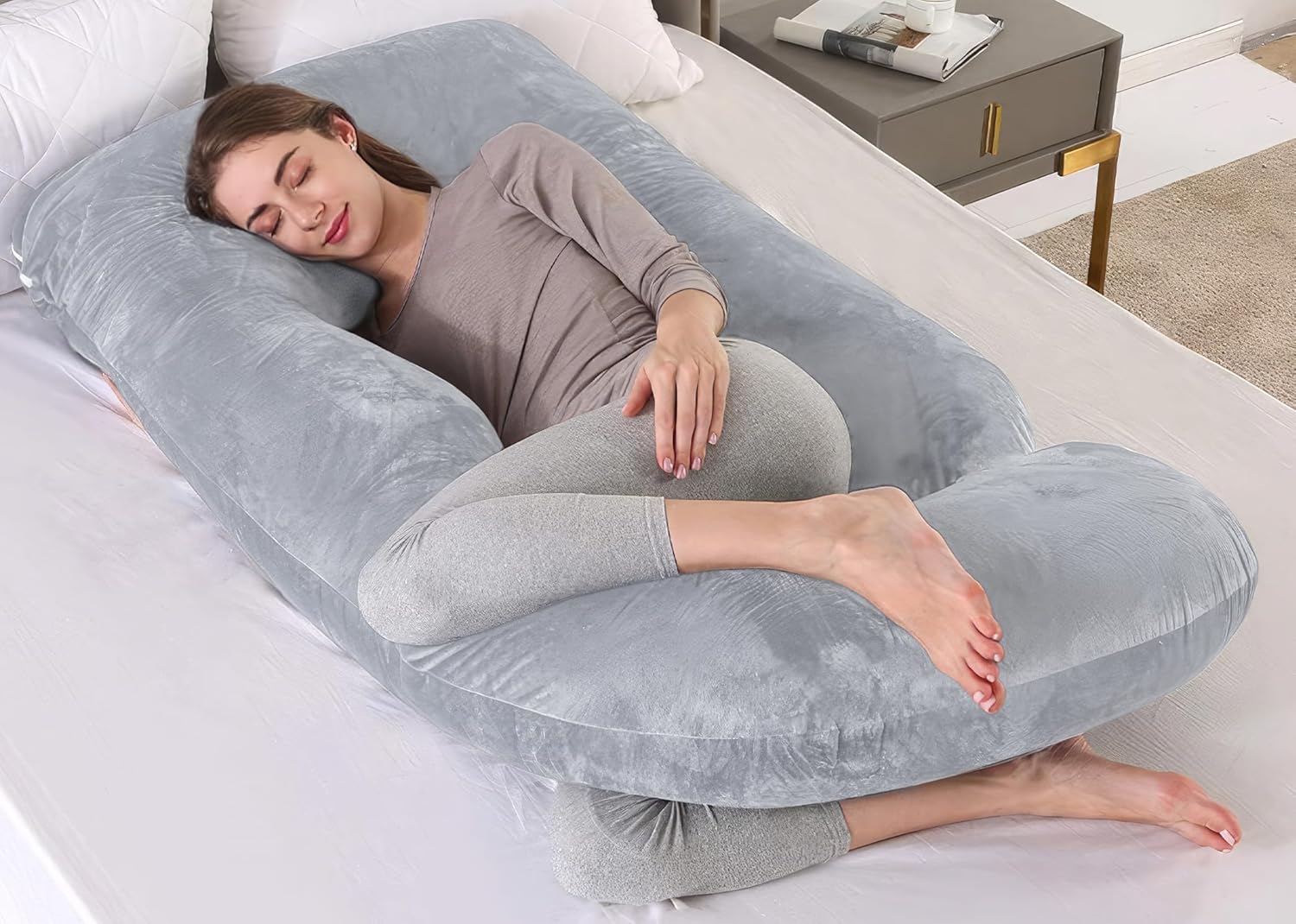 yoyomax Almohadas de embarazo en forma de J, almohada de maternidad de cuerpo completo, almohada de embarazo de espuma viscoelástica con funda de