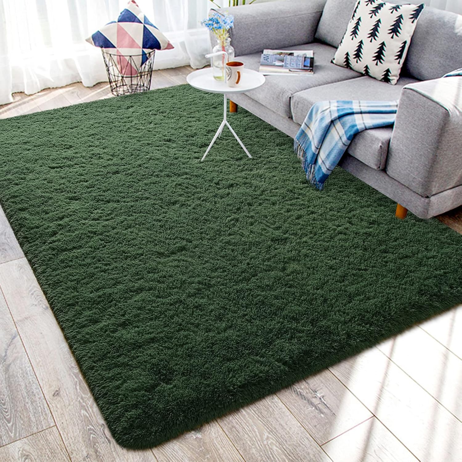 Alfombras de área de color verde oscuro, alfombra mullida para dormitorio, sala de estar, alfombras peludas de interior de 5 x 8 pies, alfombra
