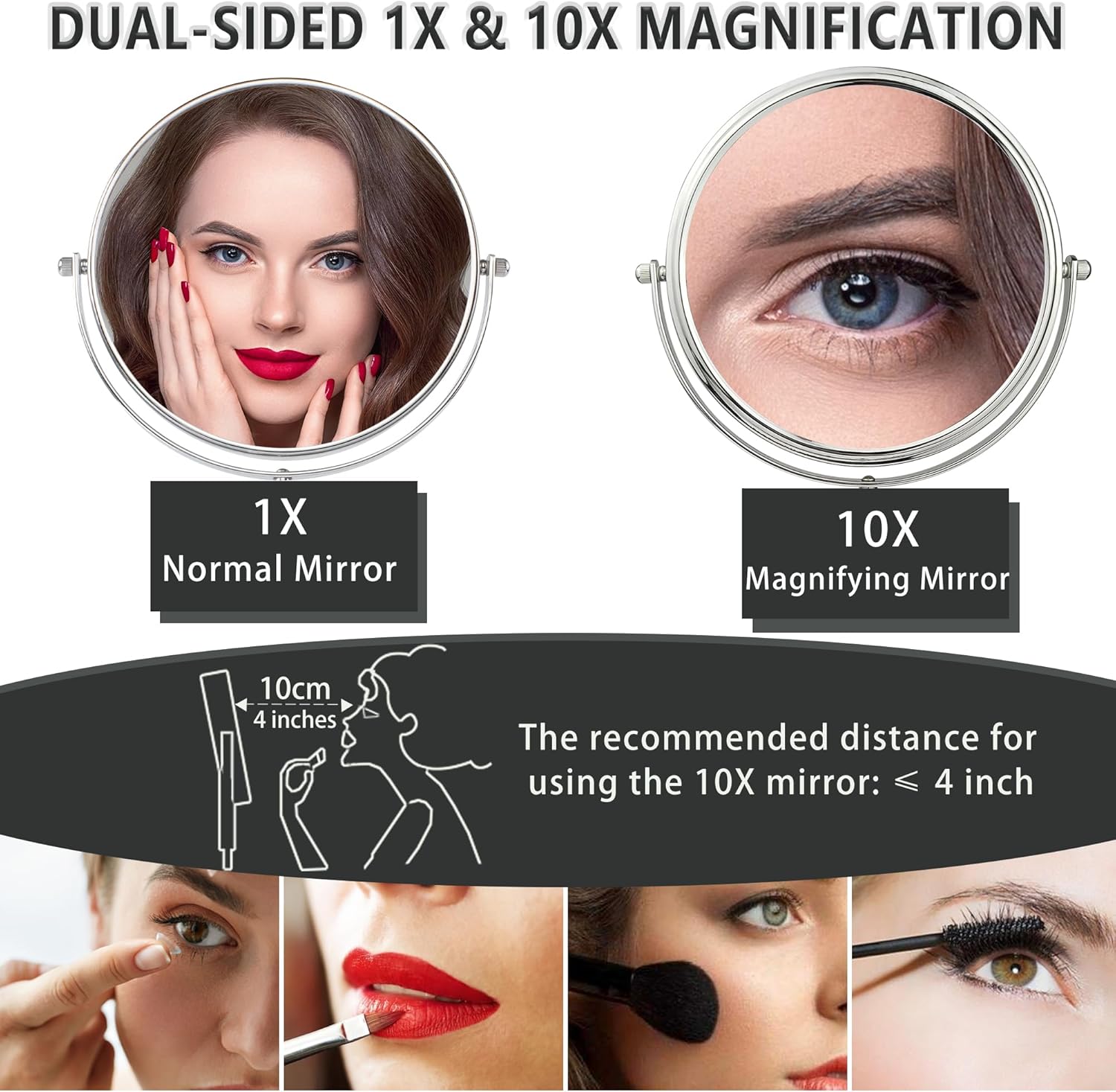 Espejo de maquillaje con aumento 1X10X con soporte, espejo de mesa de doble cara de 7 pulgadas, espejo de tocador con rotación de 360, base