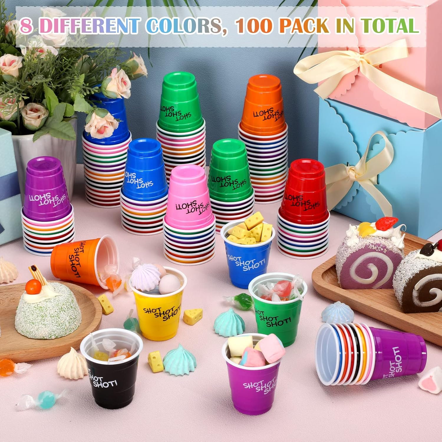 Lounsweer 200 vasos de chupito de plástico de 2 onzas, vasos desechables para fiesta, mini tazas para despedida de soltera, cumpleaños, degustación