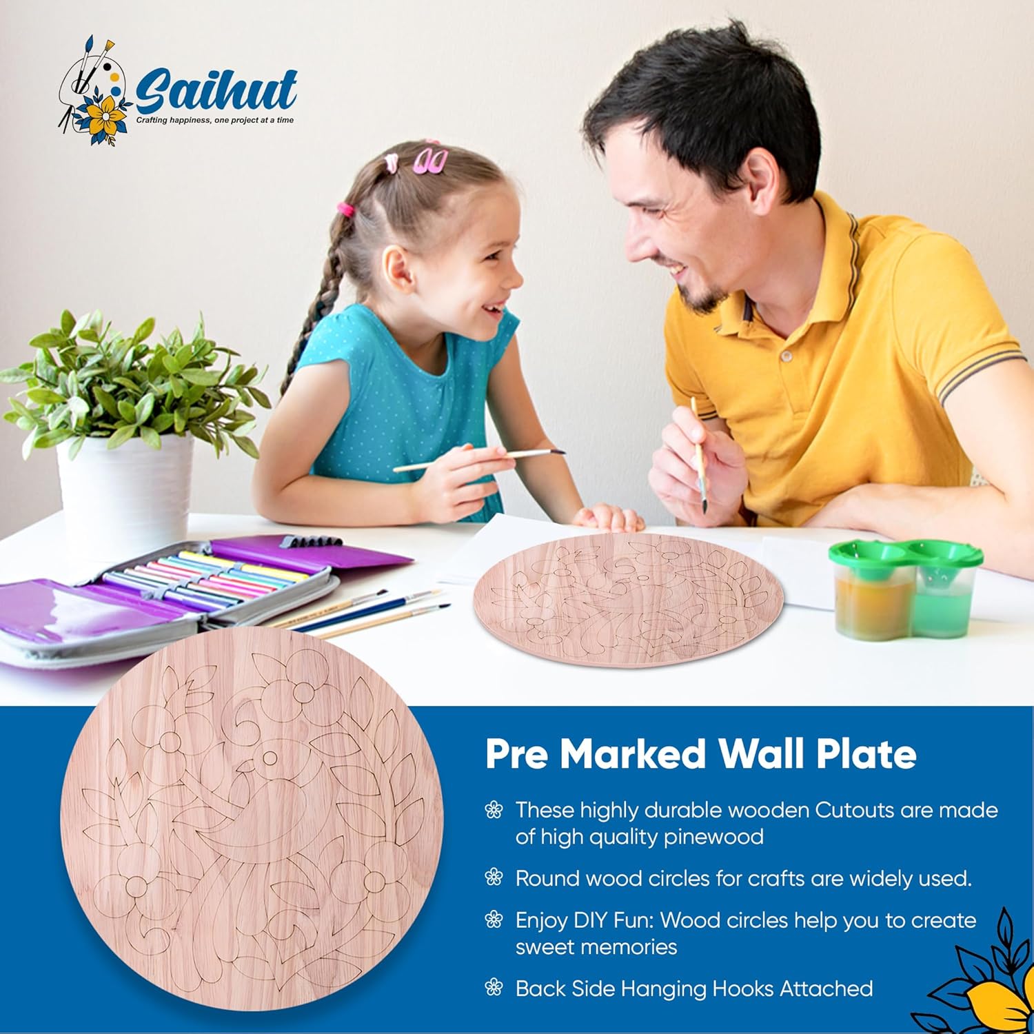 Saihut Kit de pintura acrílica con vibrante juego de pintura de madera, incluye 1 contorno de madera premarcado, 10 pinturas de tiza, bandeja de