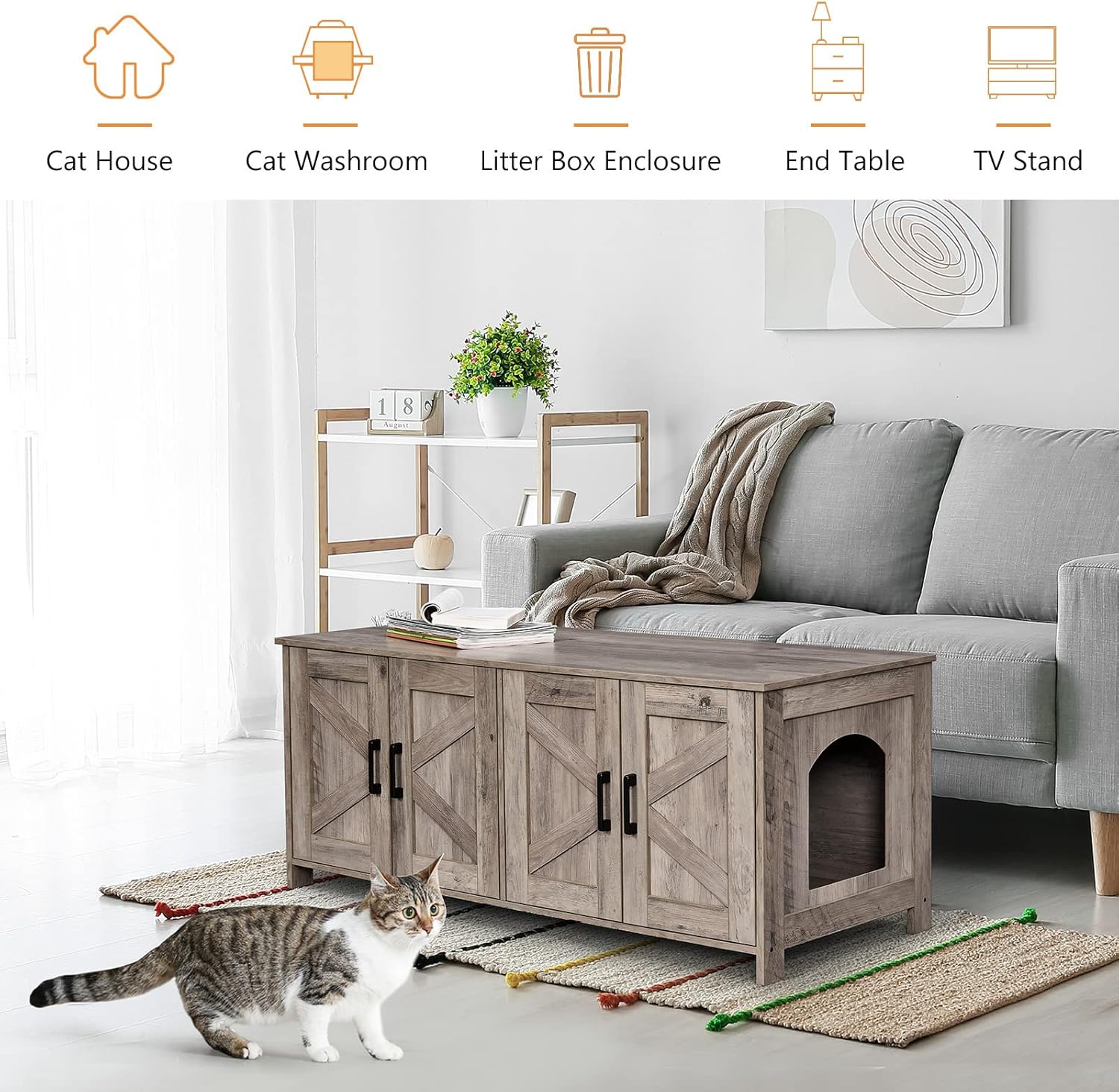 Caja de arena para gatos para 2 gatos, muebles ocultos con habitación doble, muebles de madera para baño, casa para gatos, 47.2 pulgadas de largo x
