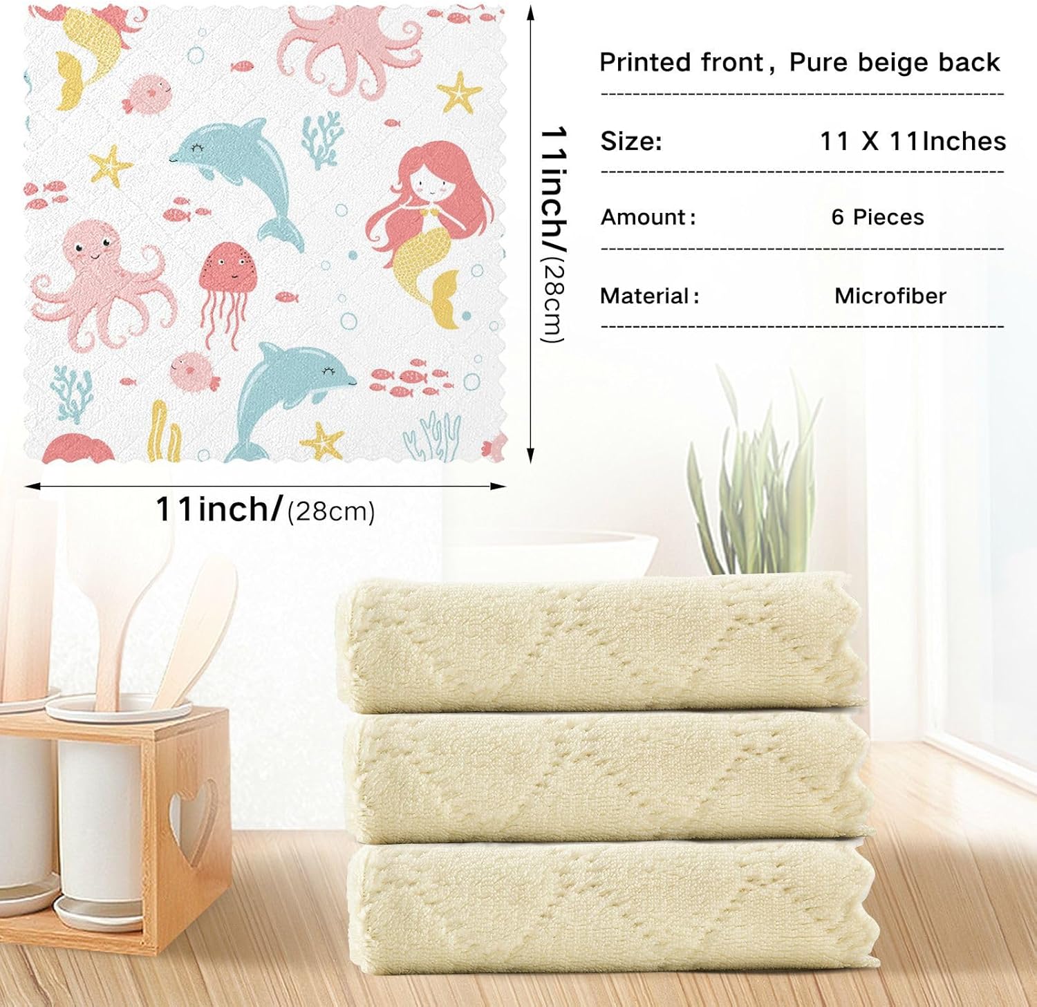 Dolphin Kawaii Mermaid Soft Decorative Microfiber Dish Drying Towel Quick Dry 6 Pack Kitchen Tea Towels for Bathroom Sink