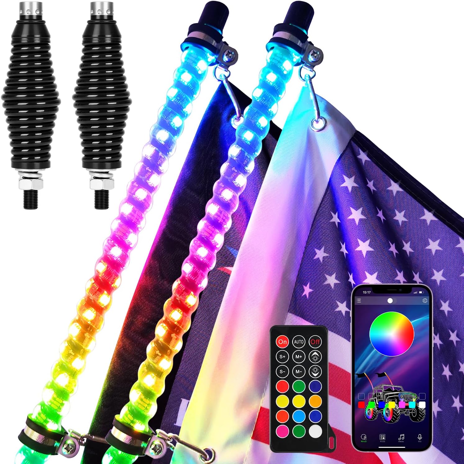 2 luces LED en espiral RGB de 4 pies con base de resorte, luz de persecución con Bluetooth y control remoto, látigos de antena iluminados para