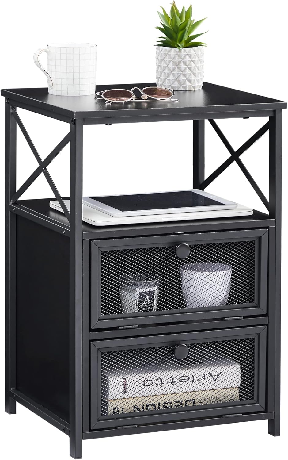 VECELO – Mesita de noche, mesa auxiliar con espacio de almacenamiento y puerta, mesitas de noche modernas para sala de estar, dormitorio, negro