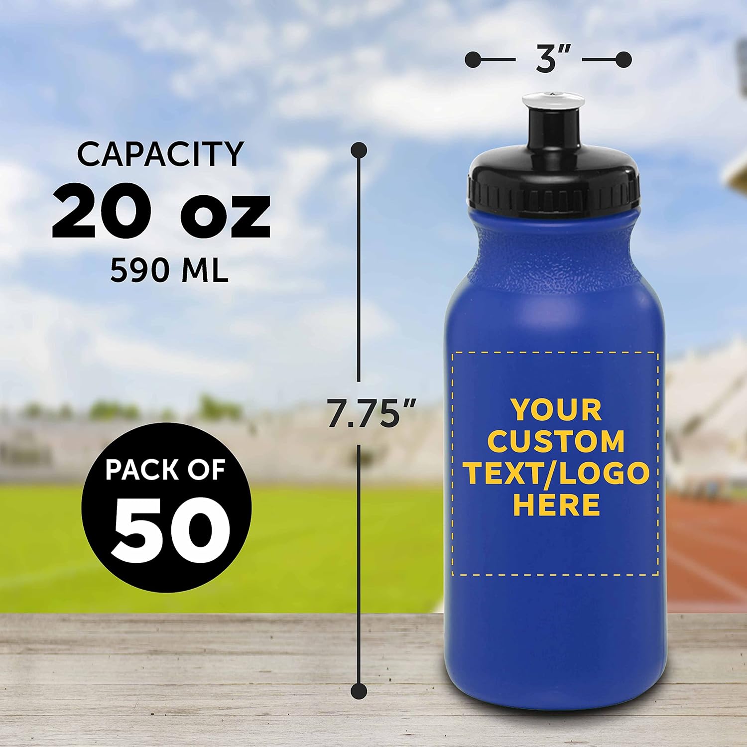 DISCOUNT PROMOS Juego de 50 botellas de agua personalizadas de 20 onzas con tapa a presión, paquete personalizado a granel, perfectas para gimnasio,