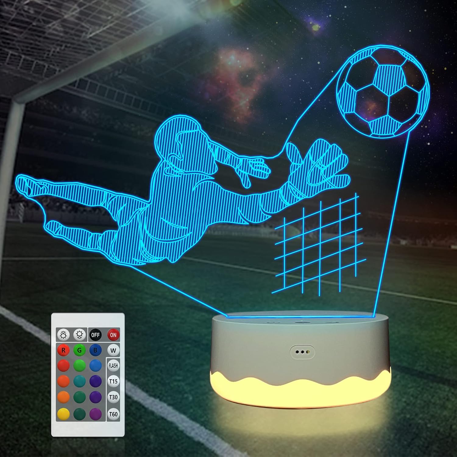 Attivolife Lámpara óptica 3D de fútbol, luz nocturna LED de ilusión de portero con control remoto de 16 colores cambiantes, la mejor decoración de