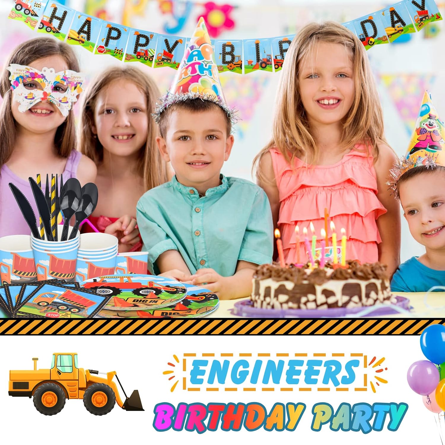 Juego de suministros para fiesta de cumpleaños de construcción, 170 piezas de decoraciones de cumpleaños de construcción para niños, incluye platos,