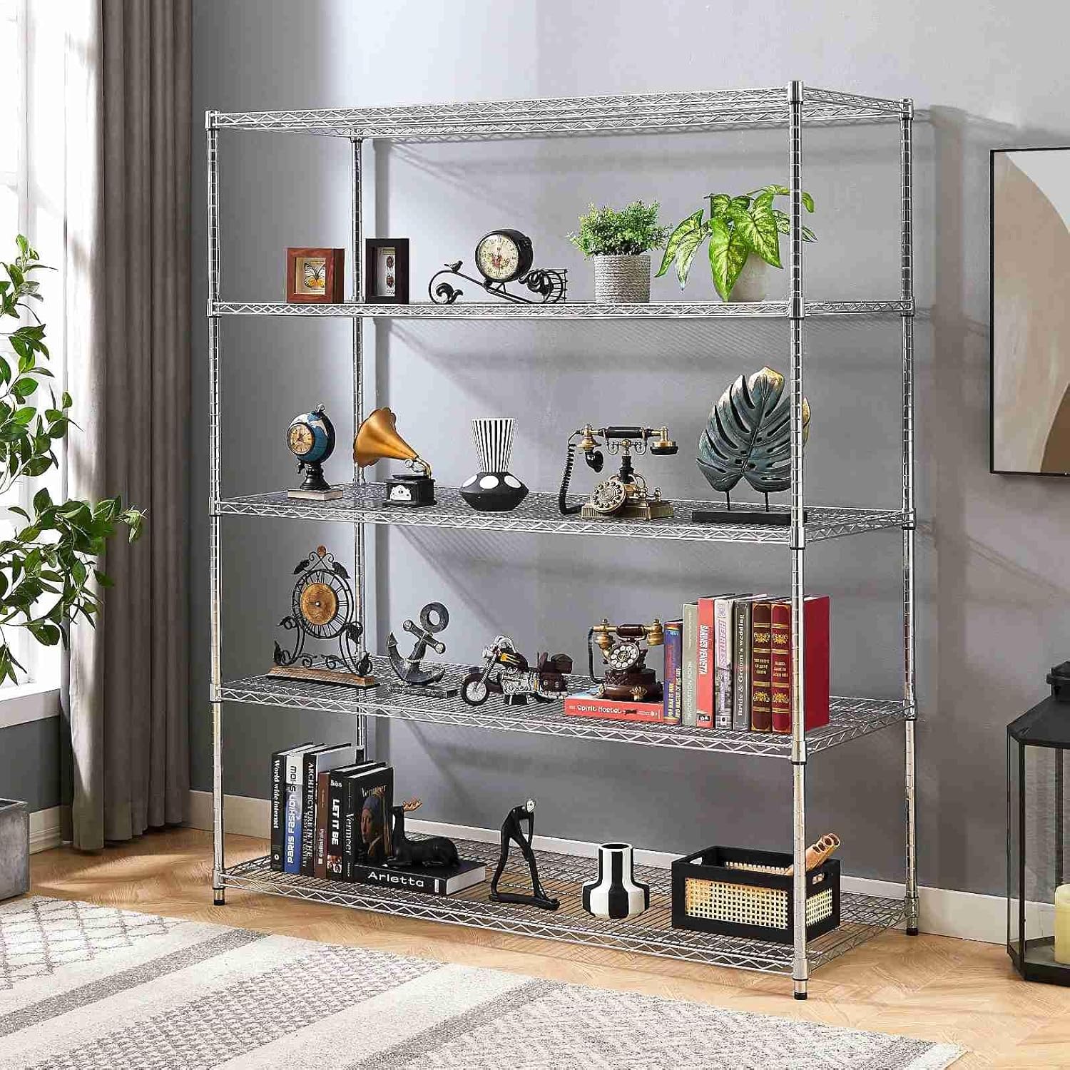 Estantería de alambre cromado, organizador de almacenamiento ajustable de metal resistente para despensa, garaje, baño, cocina, plata