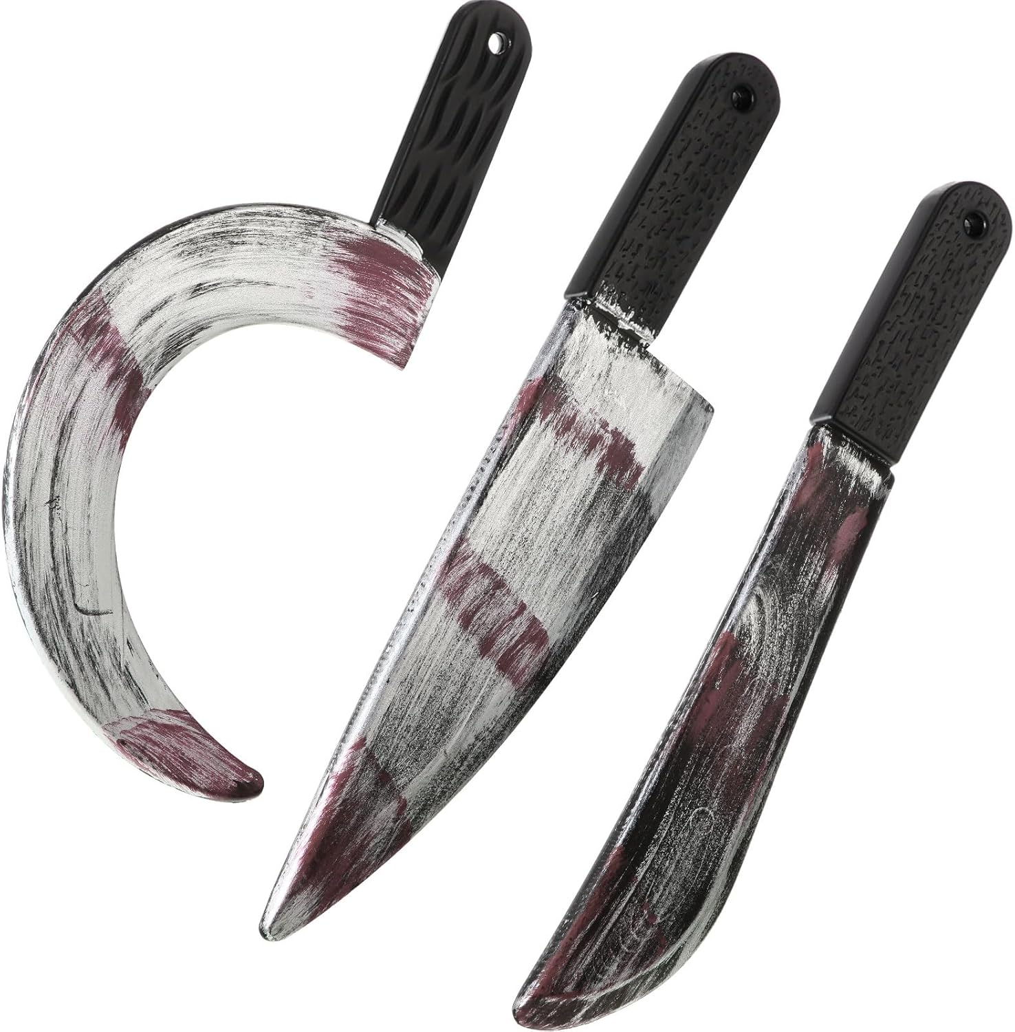 Cuchillo de Halloween de 3 piezas, cuchillo falso, machete de juguete, plástico para Halloween, carnicero, hoz, arma. Prop decoración de fiesta de