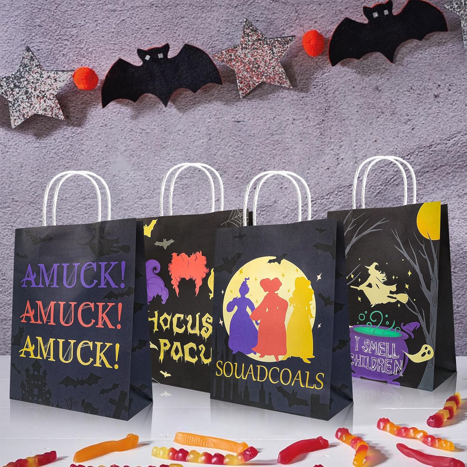 HOWAF 12 bolsas de regalo para fiesta de Halloween, bolsas de regalo de Hocus Pocus, I Smell A Children para regalos de fiesta de brujas de