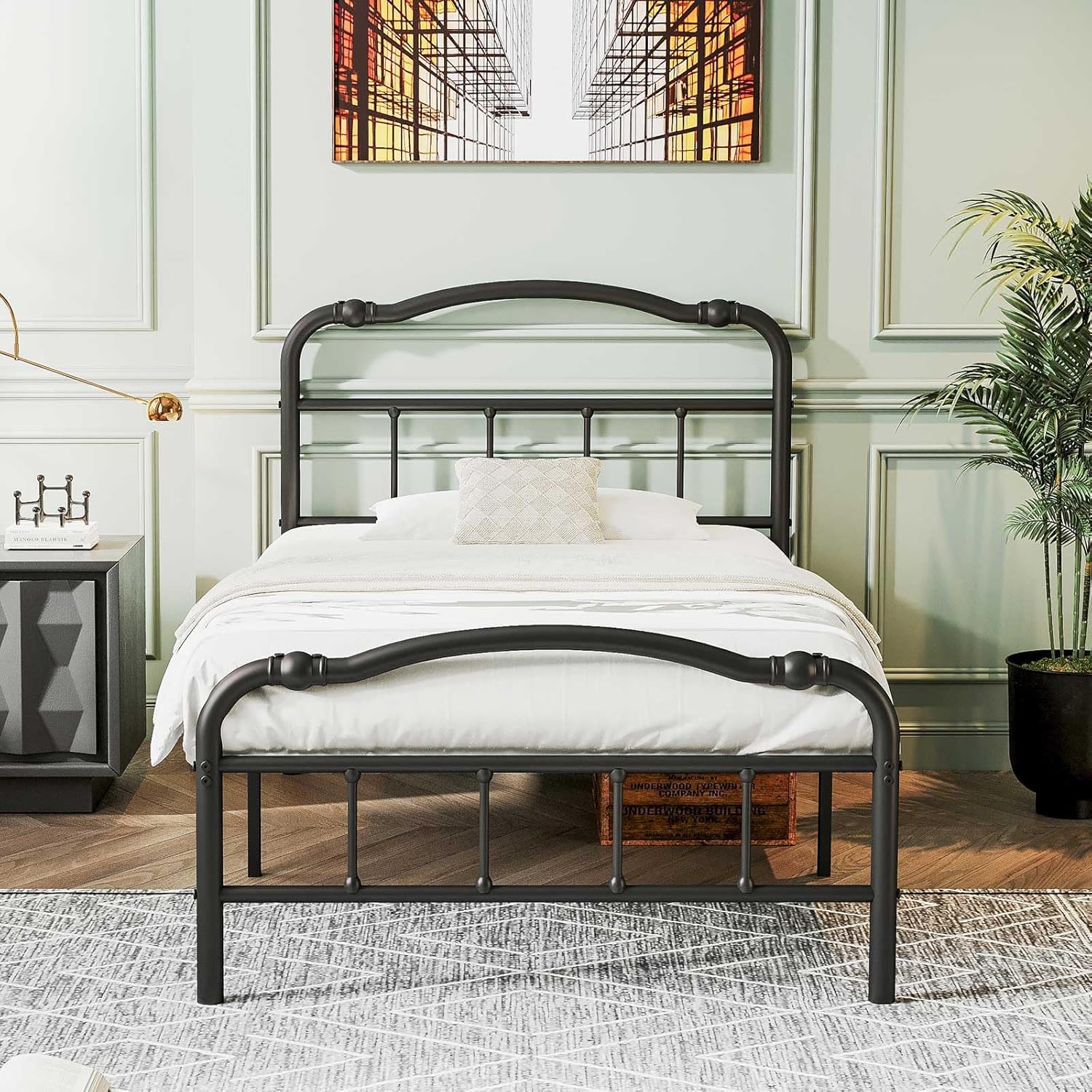 Base de cama individual XL con cabecero y estribo, estilo vintage, listones de acero, capacidad de peso de 14 pulgadas de alto y 2500 libras,