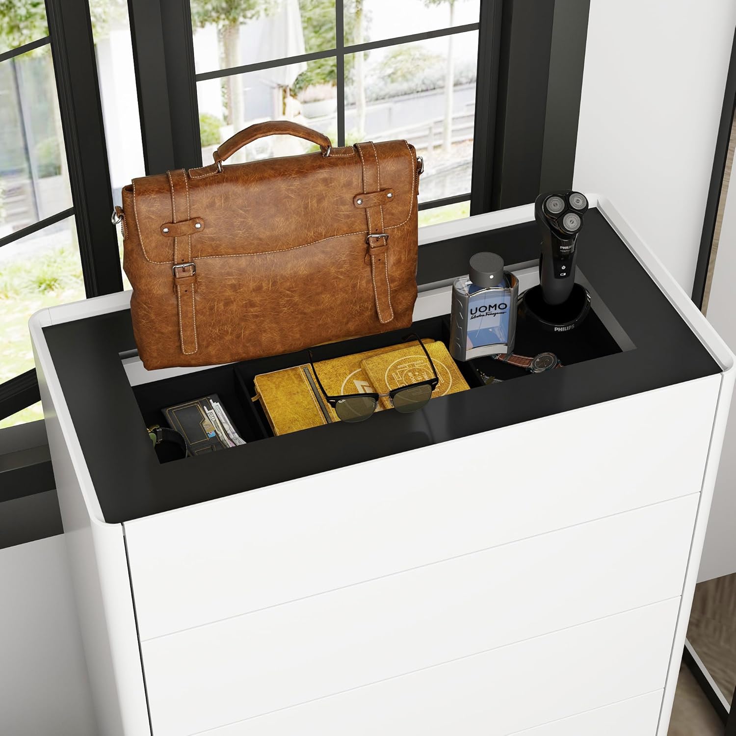 ECACAD Cómoda de 5 cajones con parte superior de vidrio y organizador de cajones, cómoda de almacenamiento de madera moderna de 47.2 pulgadas de
