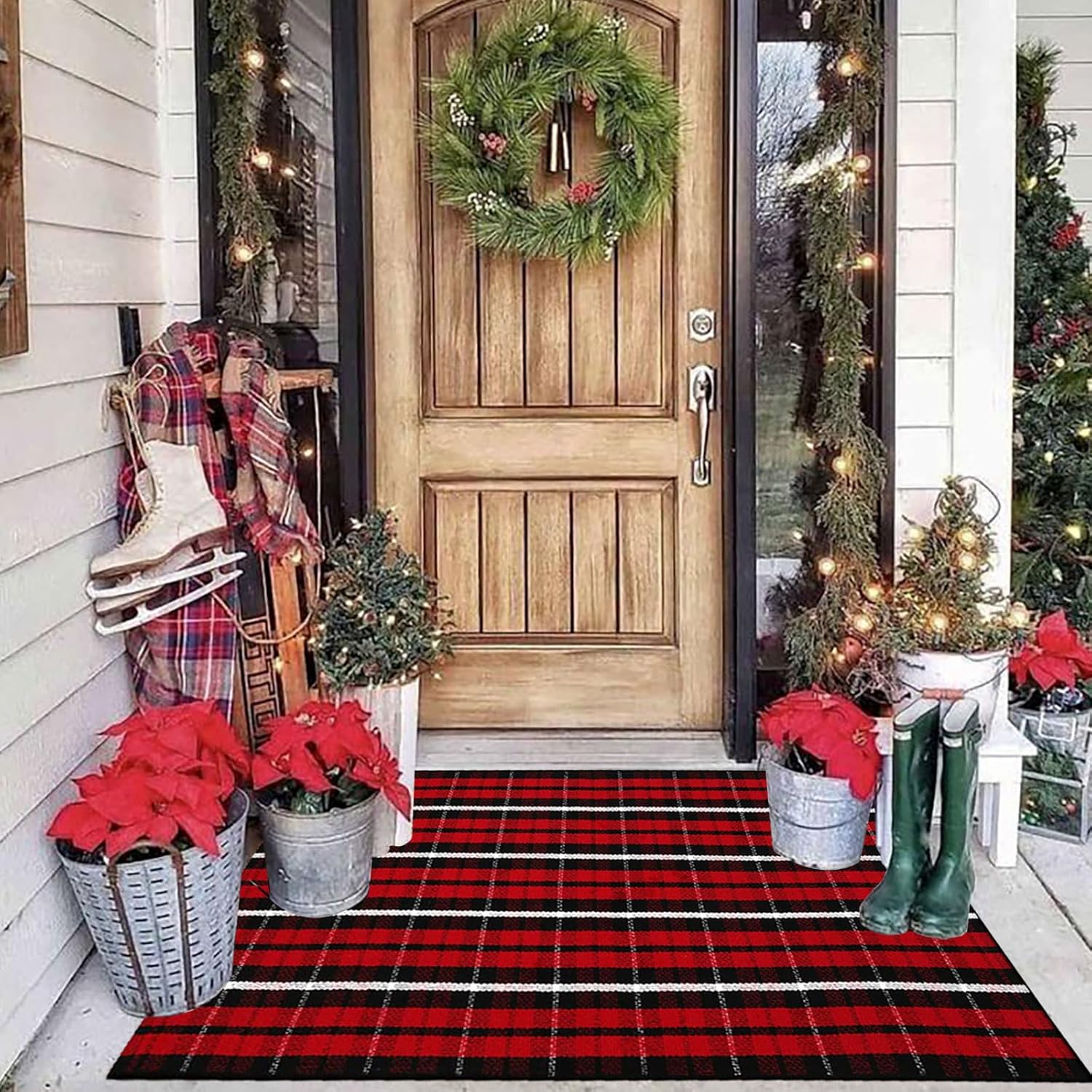 Alfombra de Navidad a cuadros para exteriores, 27.5 x 43 pulgadas, rojo y negro, alfombra de área para interiores y exteriores, alfombra de capas