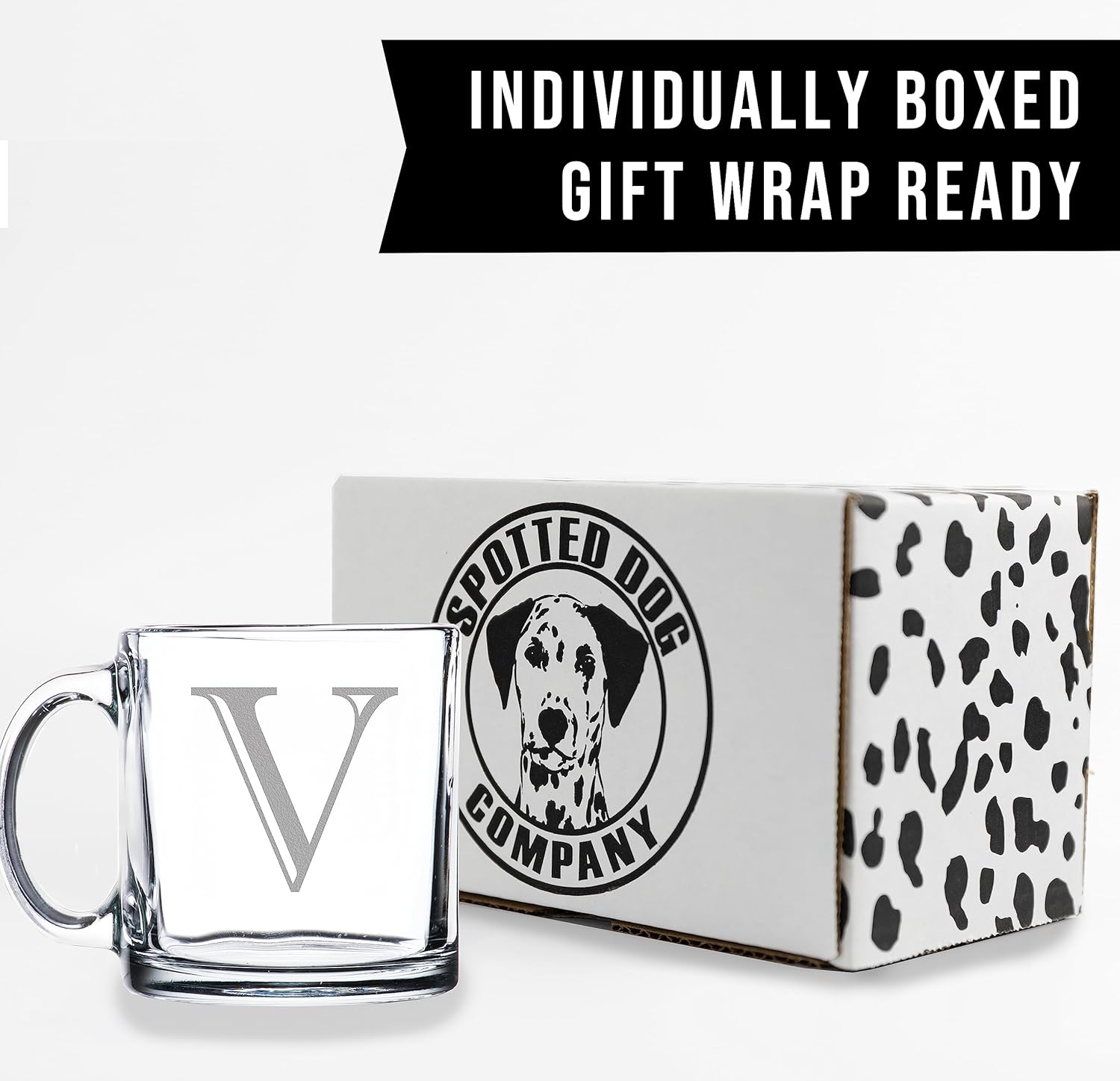 Spotted Dog Company Taza de café de vidrio transparente con monograma grabado de 12 onzas (letra V), regalos personalizados de café A-Z para amantes