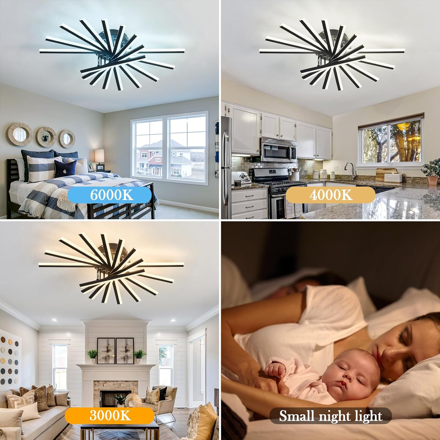 9 Lights Modern LED Sputnik Ceiling Light Fixture with Remote Control 80W Dimmable Black Flush Mount Chandelier 29.92in Acrylic Ceiling Light for