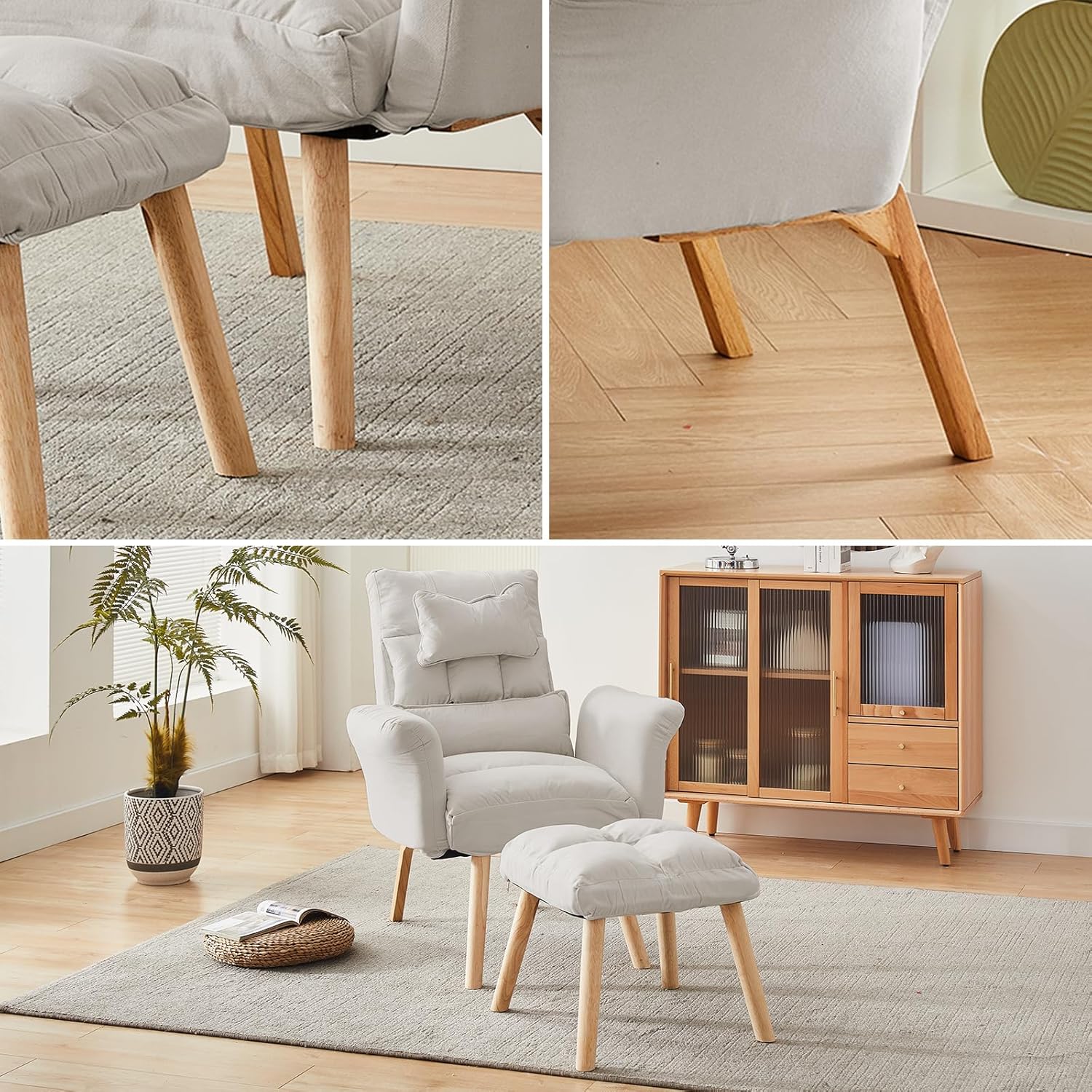 CLIPOP Silla decorativa moderna con otomana, sillón de tela de lino con respaldo ajustable (5 ángulos), patas de madera maciza, cómoda silla de
