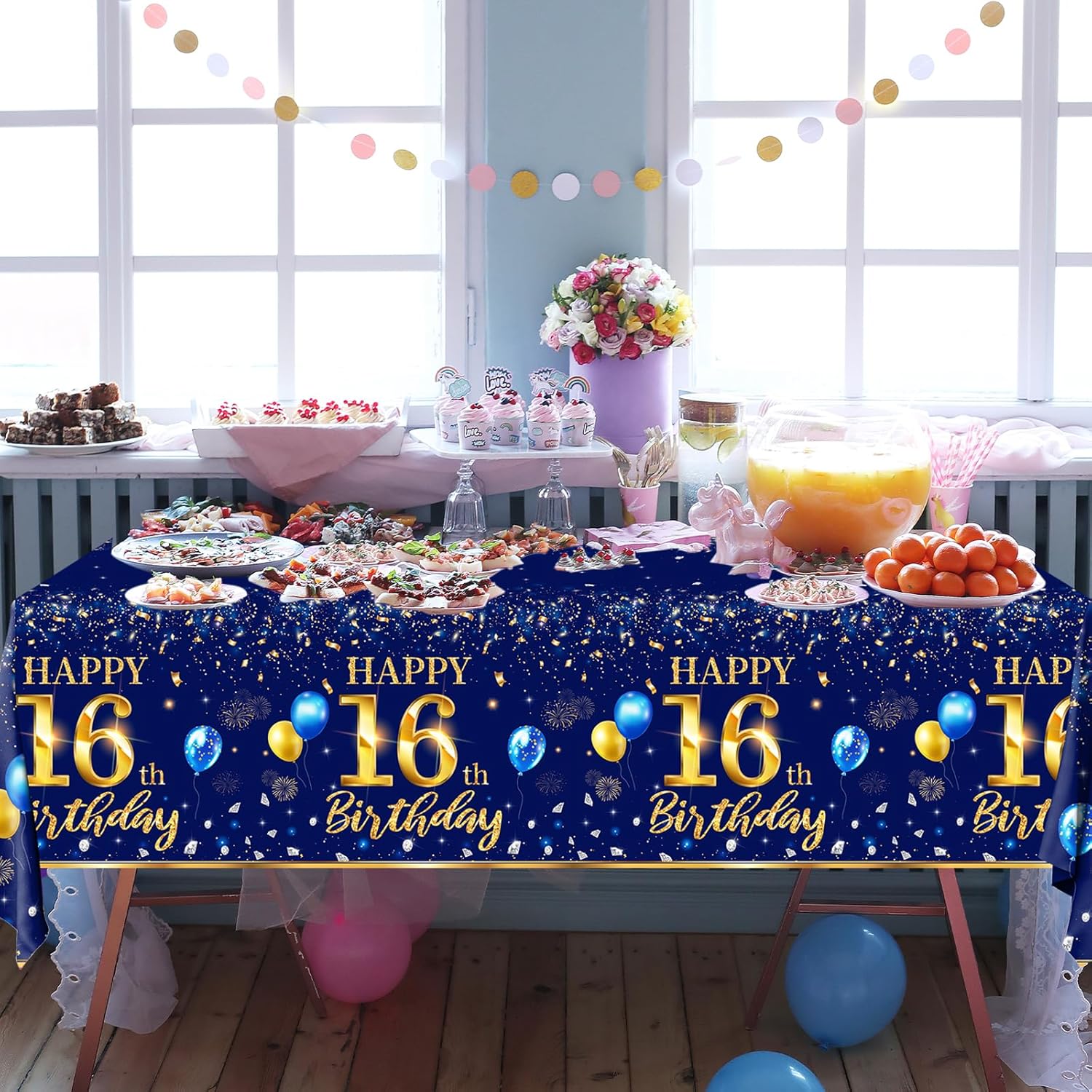 Decoraciones de cumpleaños número 16 para hombre, 3 piezas, color azul marino, fundas rectangulares de plástico impermeables de plástico dorado y