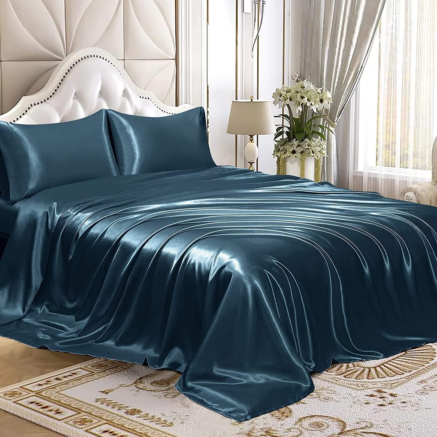Homiest Sábana encimera de satén azul marino profundo, sábana encimera de tamaño matrimonial, sábana encimera sedosa para colchón matrimonial,
