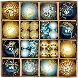 44 bolas de Navidad para decorar el árbol de Navidad, adornos colgantes de Navidad brillantes, adornos colgantes de Navidad negro y dorado (azul 44 bolas de Navidad para decorar el árbol de Navidad, adornos colgantes de Navidad brillantes, adornos colgantes de Navidad negro y dorado (azul