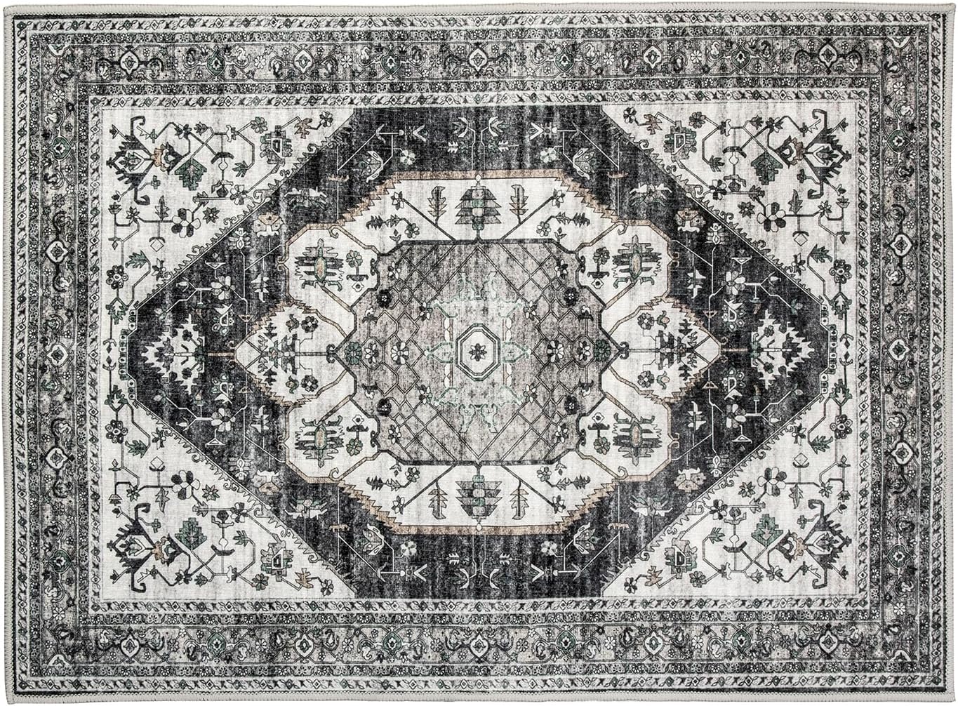 Alfombra bohemia para sala de estar, 3 x 5, lavable, retro, delgada, para zonas de alto tráfico