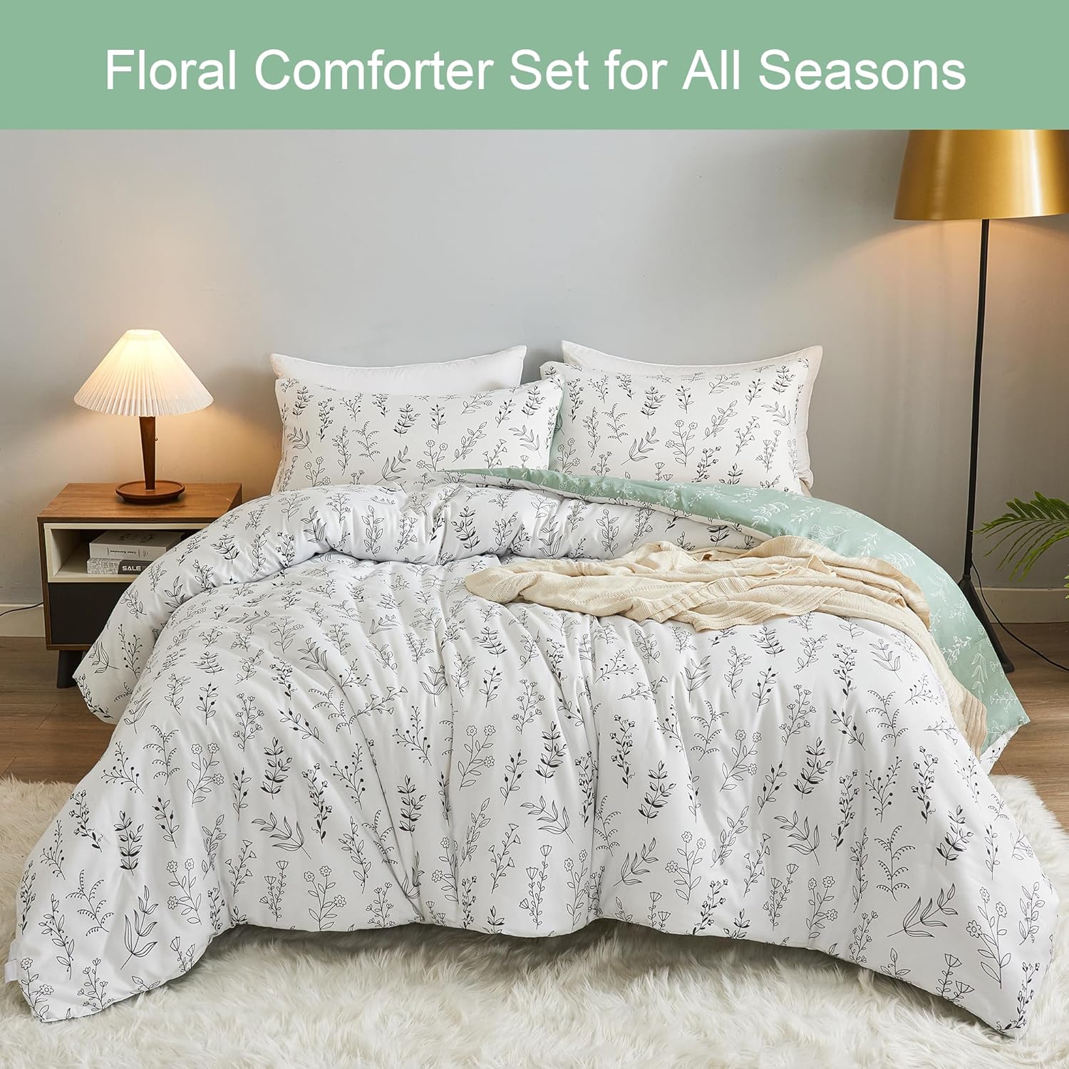 SeaRoomy Juego de edredón tamaño Queen, 3 piezas reversibles con estampado floral, color verde salvia y blanco, flores botánicas para todas las