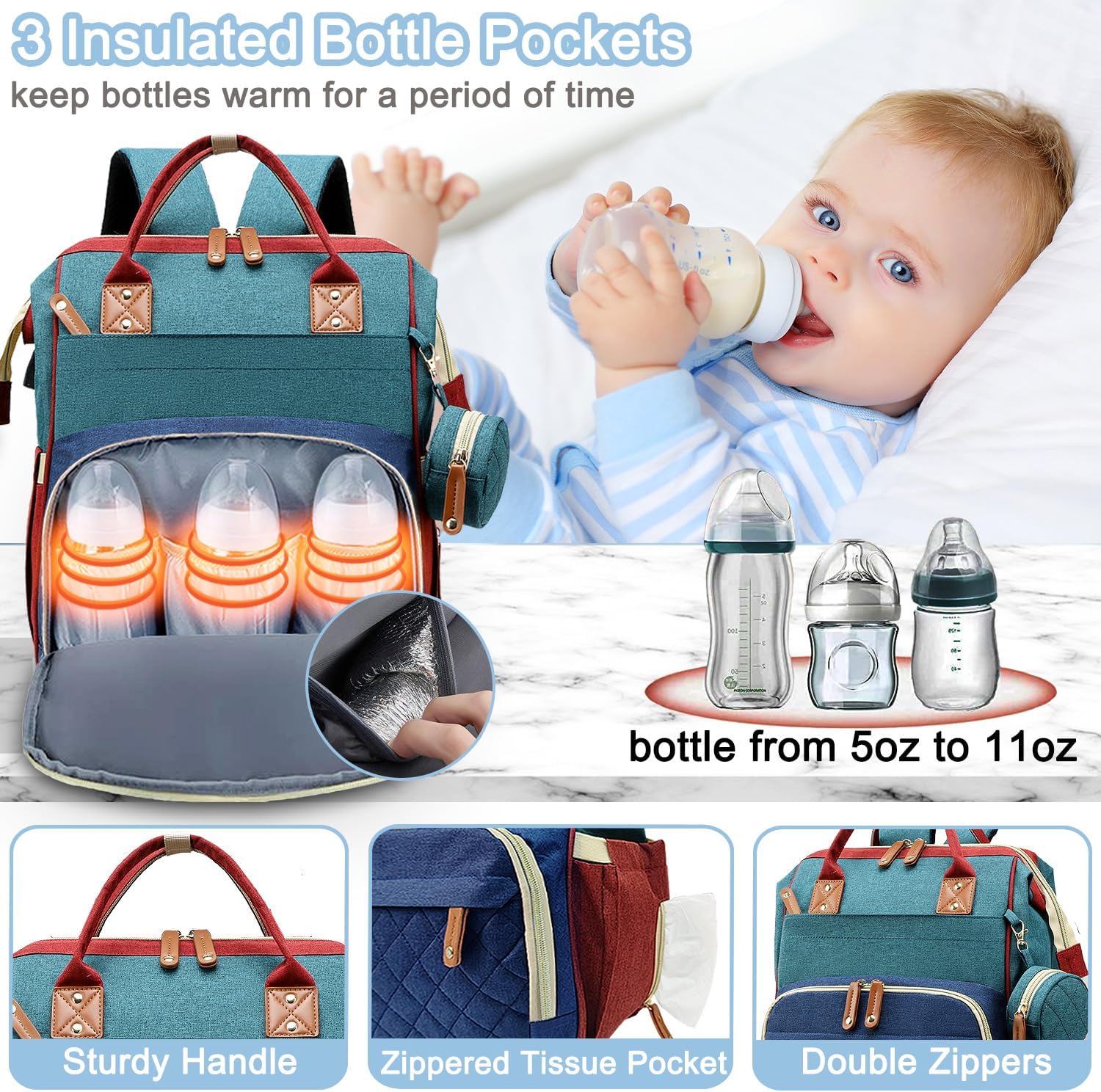 Bolsa de pañales mochila para bebé, bolsa de pañales para papá y mamá con almohadilla, 16 bolsillos, Con color, Compacto