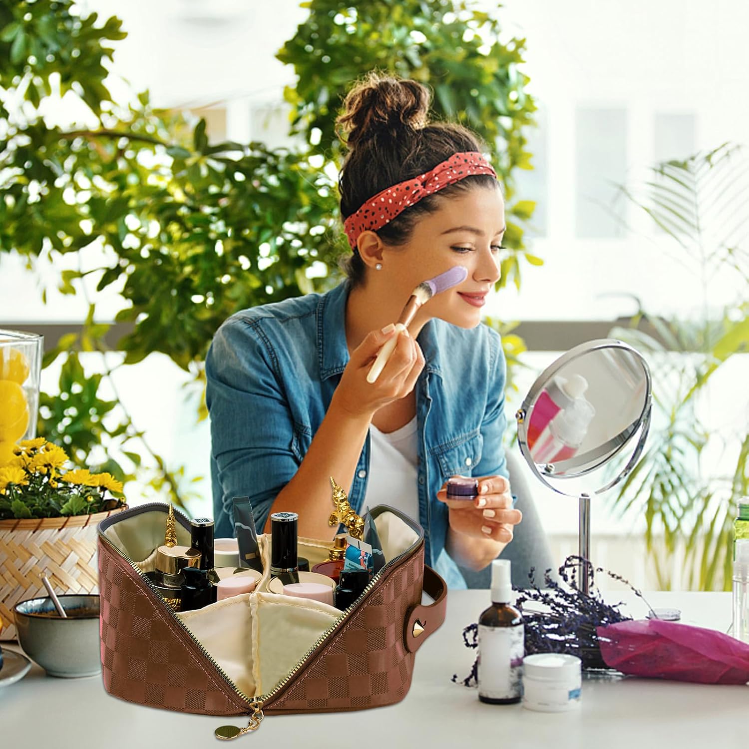 Bolsa de maquillaje de viaje para mujer, Marrón, Vida cotidiana