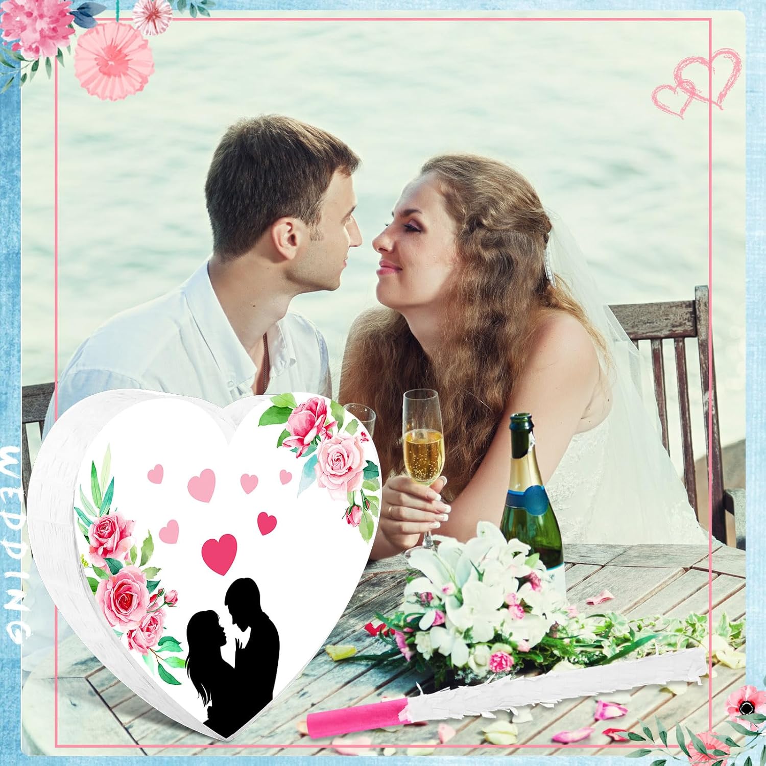 Hicarer Piñata blanca, corazón, piñata de boda, corazón, suministros de fiesta blanca, recuerdos de boda, decoración de piñata con palo y venda para