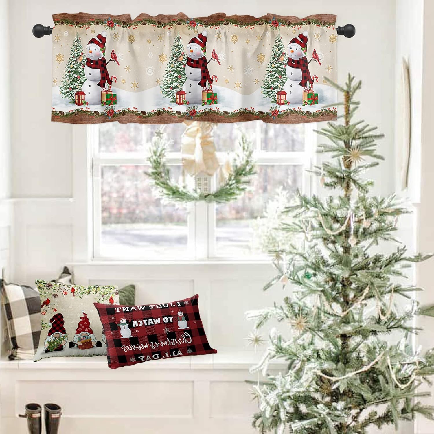 Cenefa de cortina de Navidad de 54 x 18 pulgadas, cenefas de muñeco de nieve para ventana, cortinas con bolsillo para barra, cortina corta de encaje